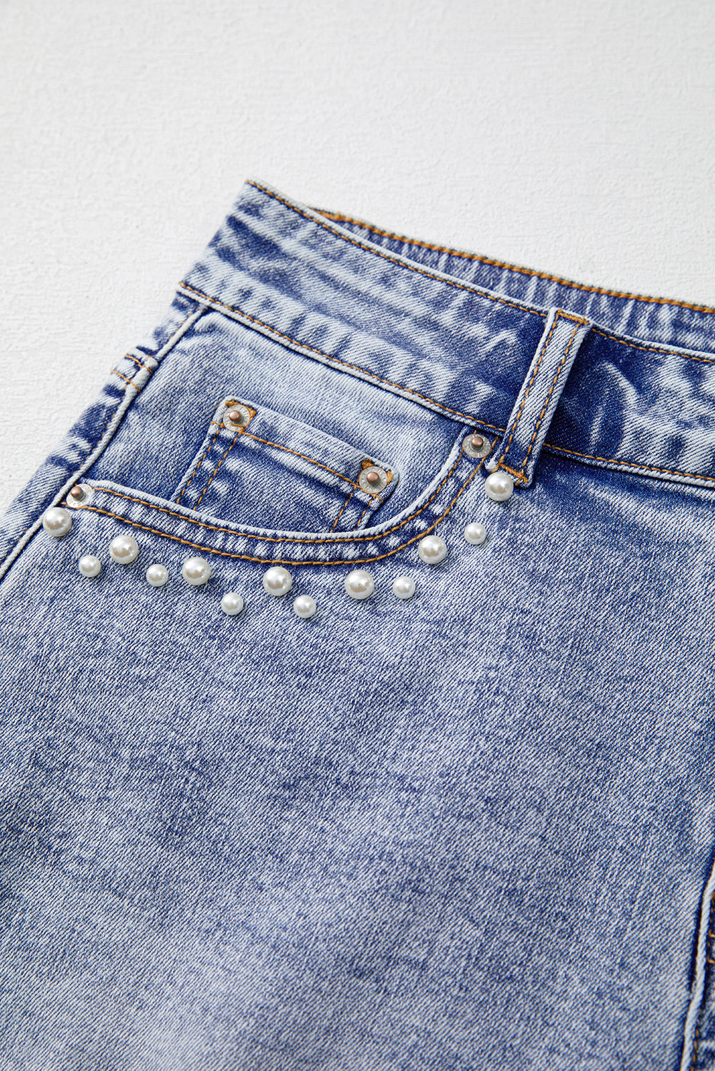 Beau Blue Pearl Studded Pockets Raw Hem Denim Shorts eAura