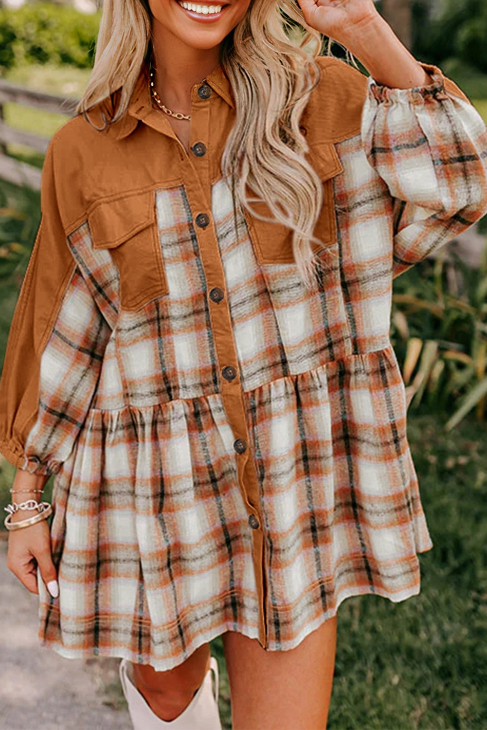 Plaid Colour Block Patchwork Ruffle Hem Tunic Shirt Dress - Dresses/Mini Dresses