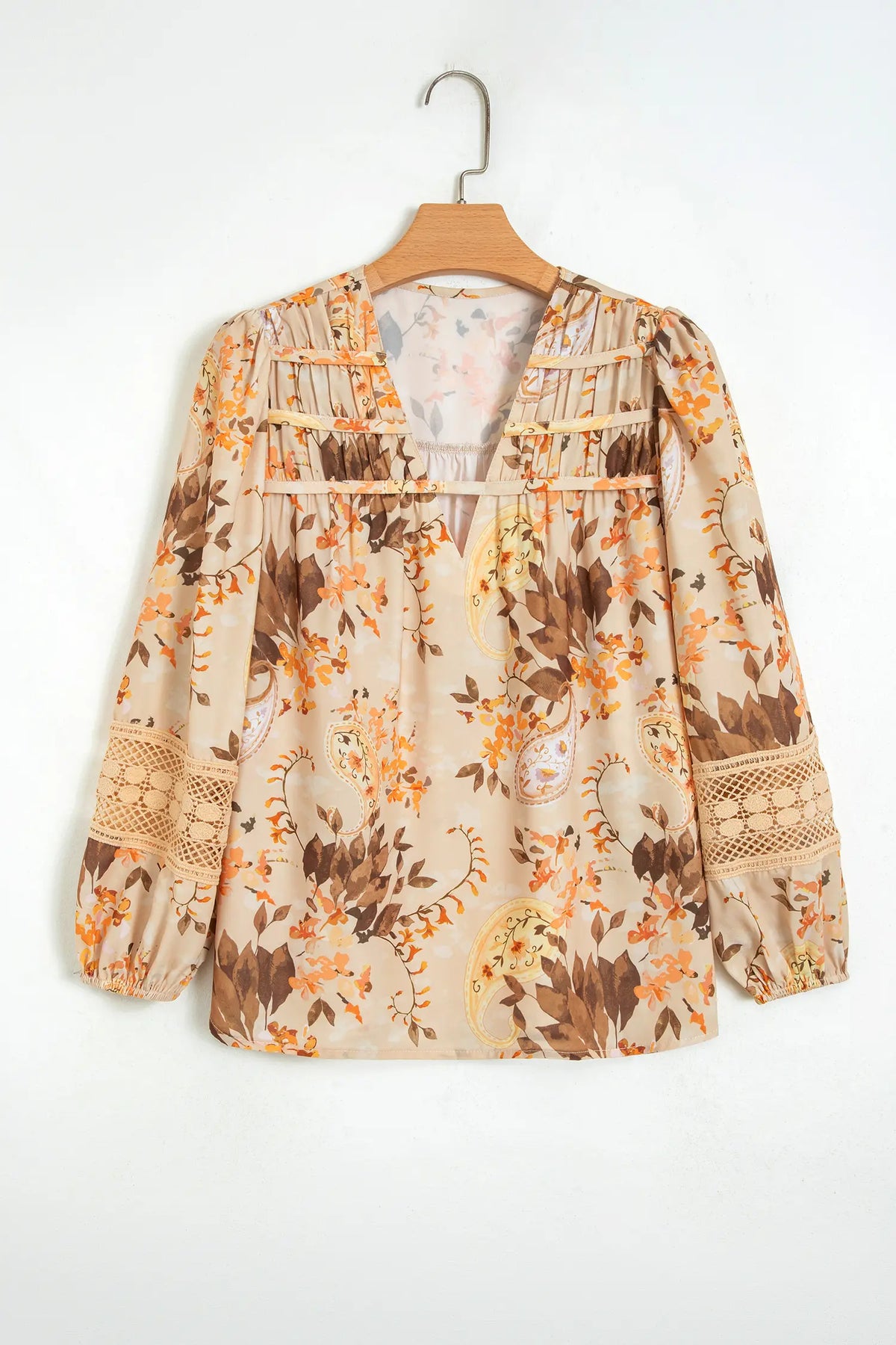 Paisley Print Decorative Binding Tape V Neck Shift Blouse – Khaki