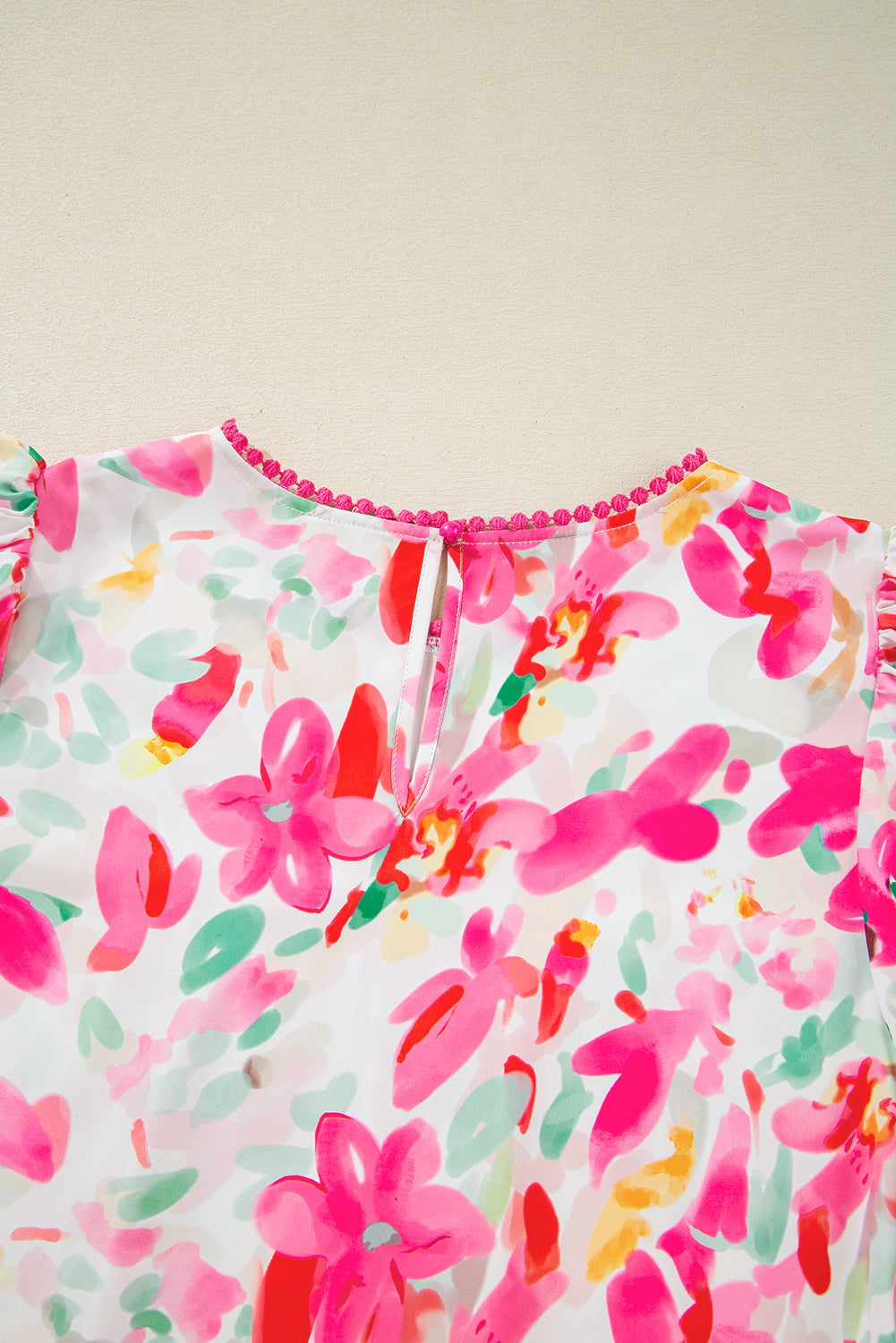 Rose Floral Print Flutter Sleeve Round Neck Casual Blouse eAura