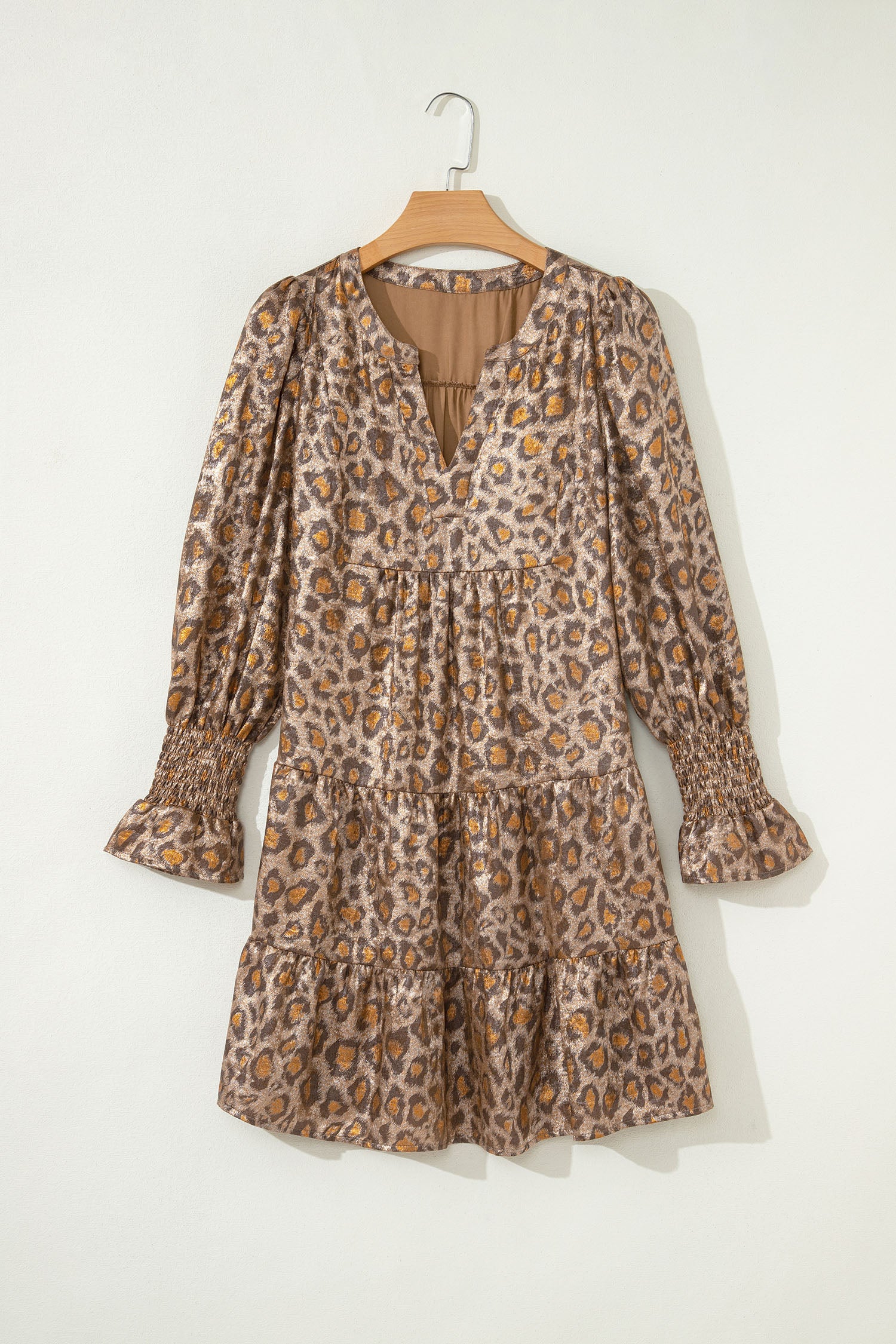 Khaki Leopard Print V-Neck Ruffled Sleeve Tiered Loose Mini Dress