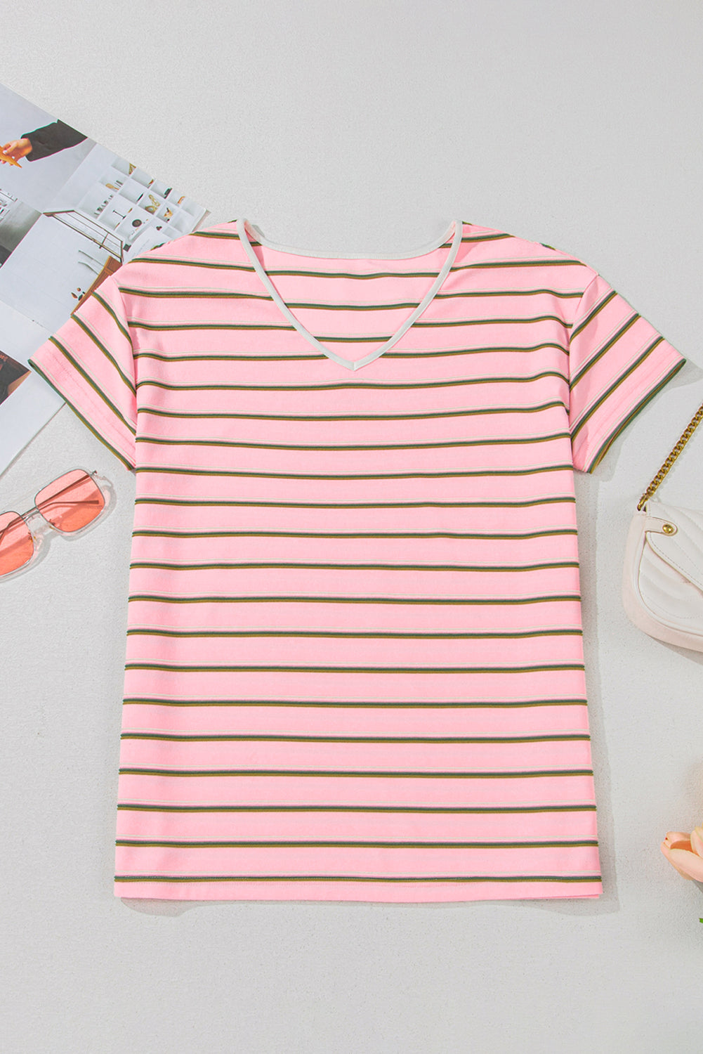 Pink Stripe V-Neck Slim Fit Casual T-Shirt eAura