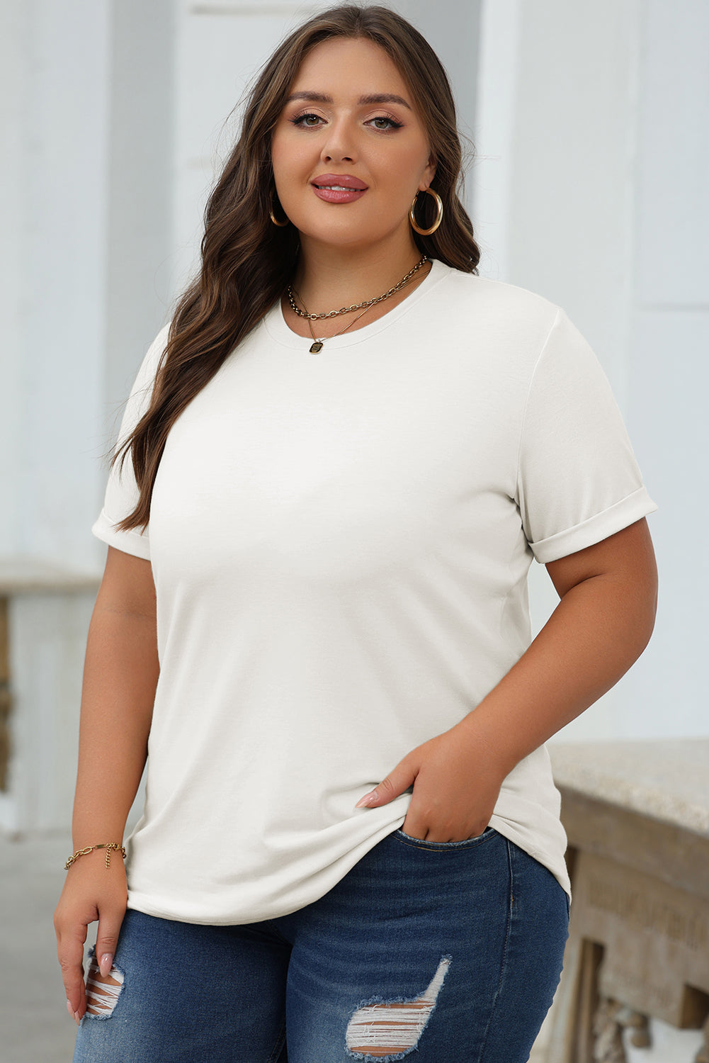 Casual Plain Crew Neck Tee T-Shirt