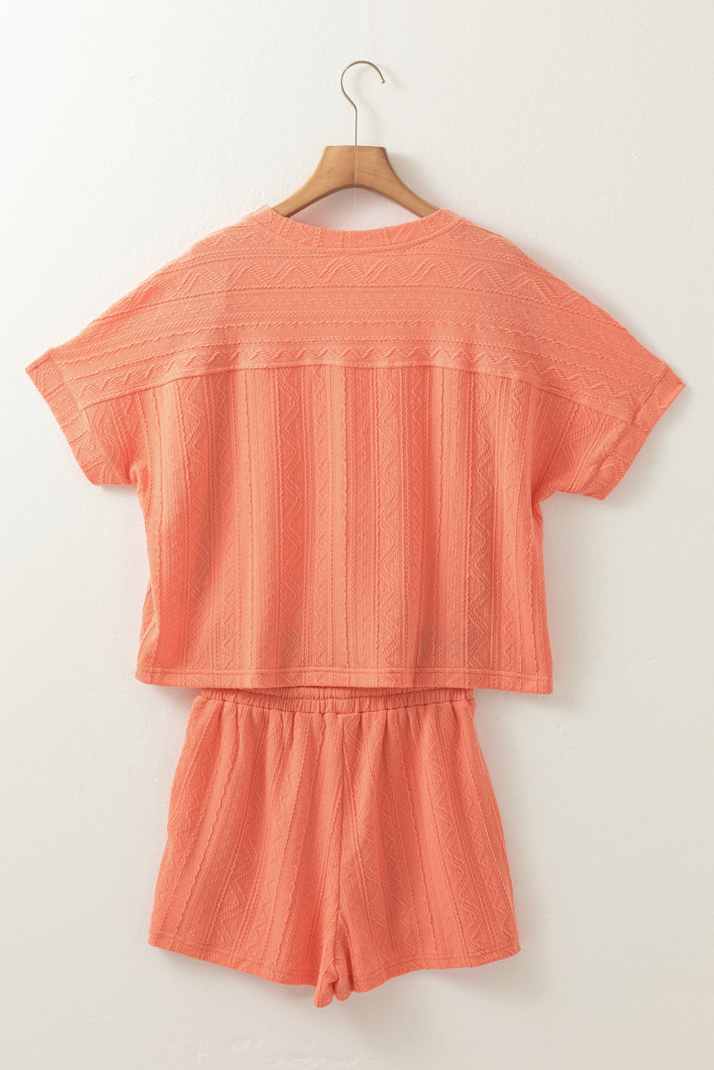 Pale Chestnut Textured Patched Pocket Short Sleeve Top Drawstring Shorts Set eAura
