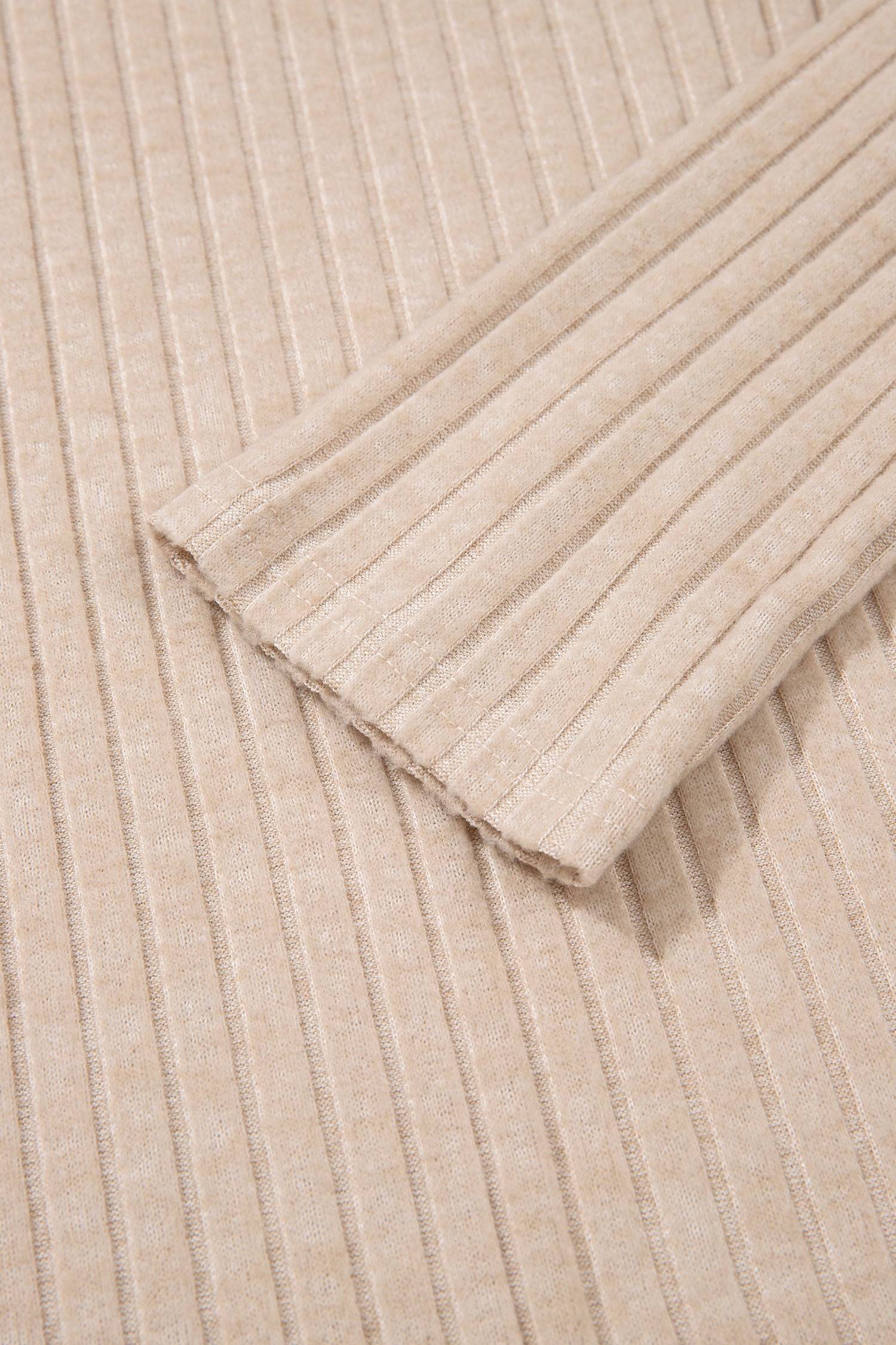 Apricot Solid Color Ribbed Knit Cowl Neck Long Sleeve Top – Beige