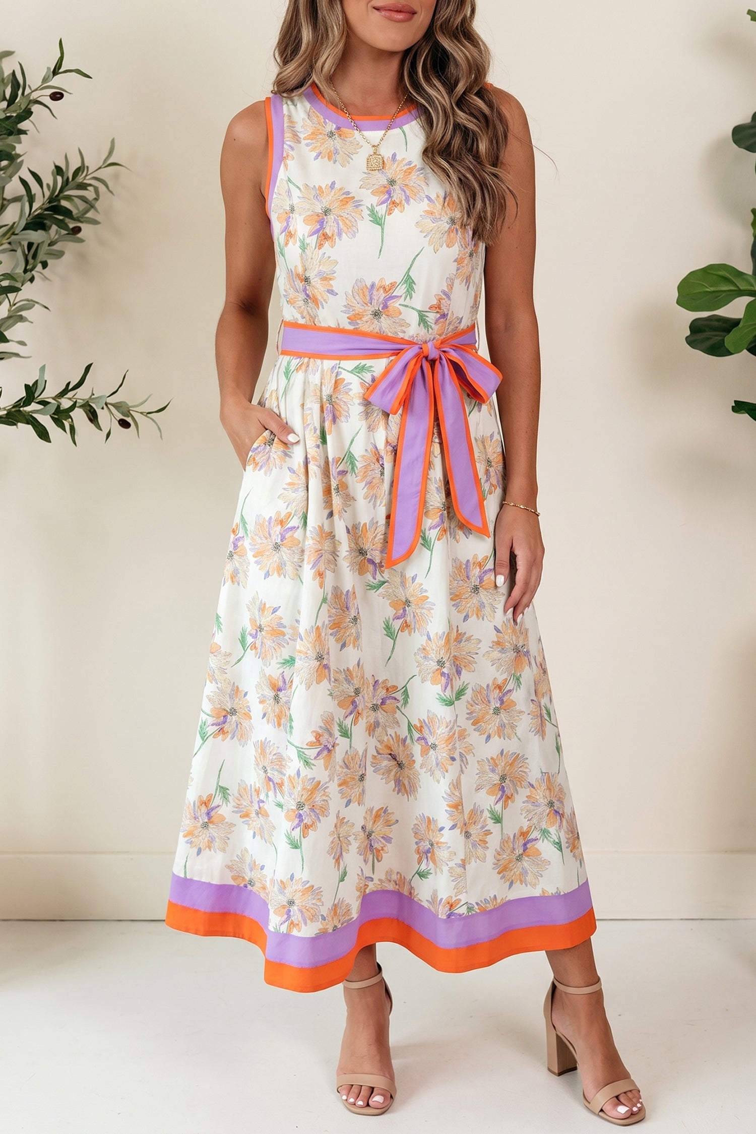 Floral Print Colour Block Trim Belted Sleeveless Maxi Dress