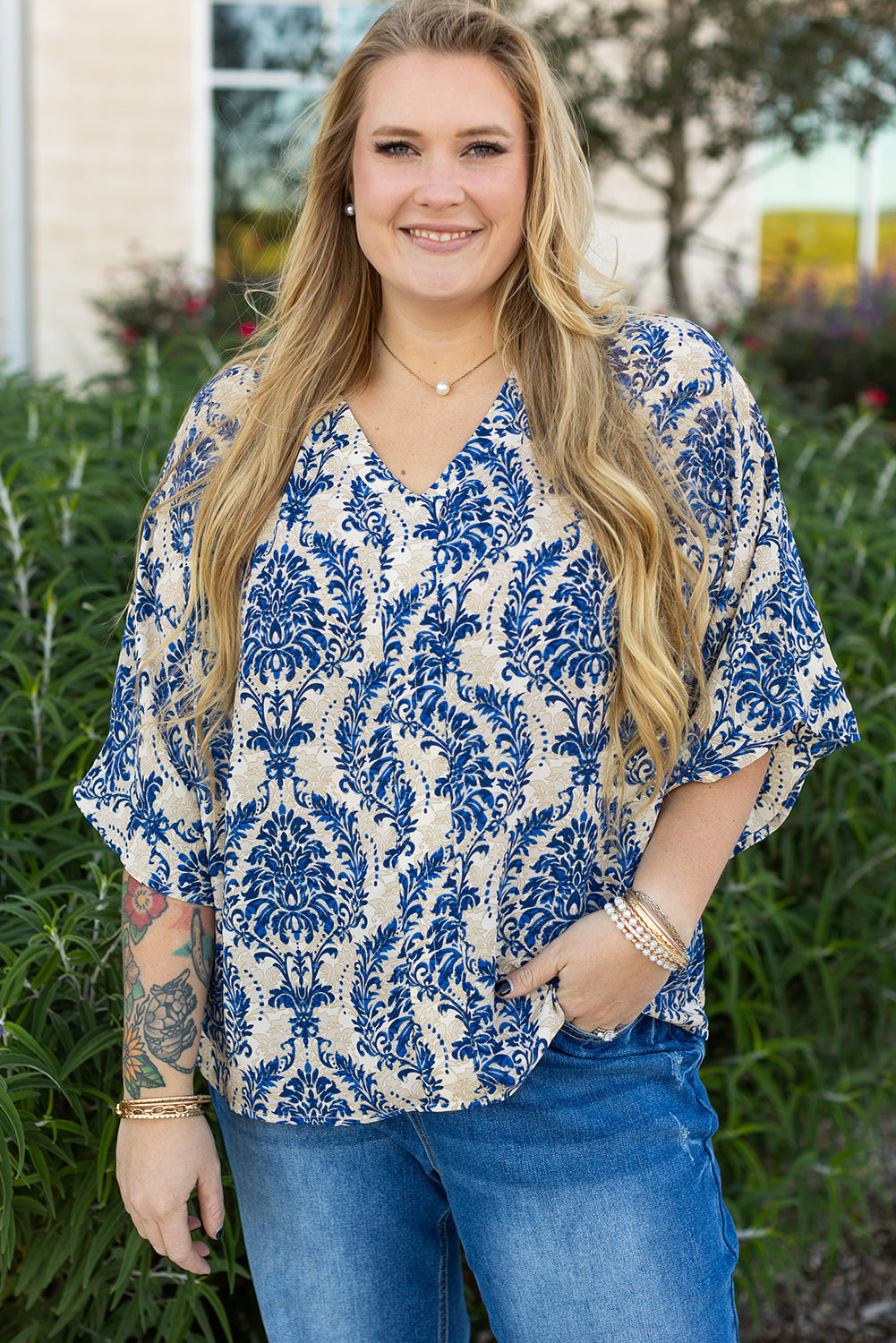 Blue Plus Size Ethnic Printed 3/4 Sleeve V Neck Loose Blouse BB Fashion Outlet