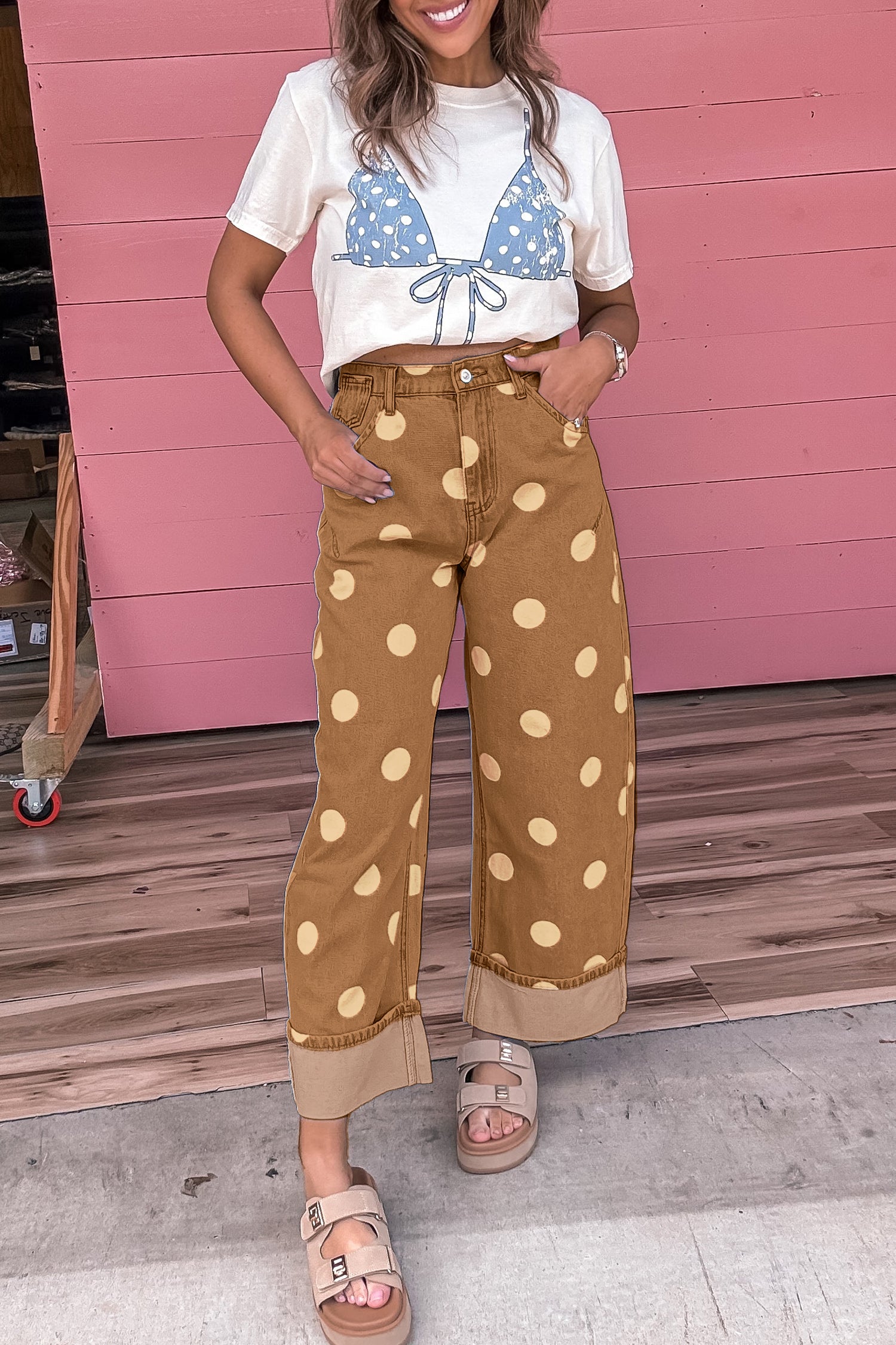 Polka Dot Ankle-Length Metal Button Casual Jeans – Brown