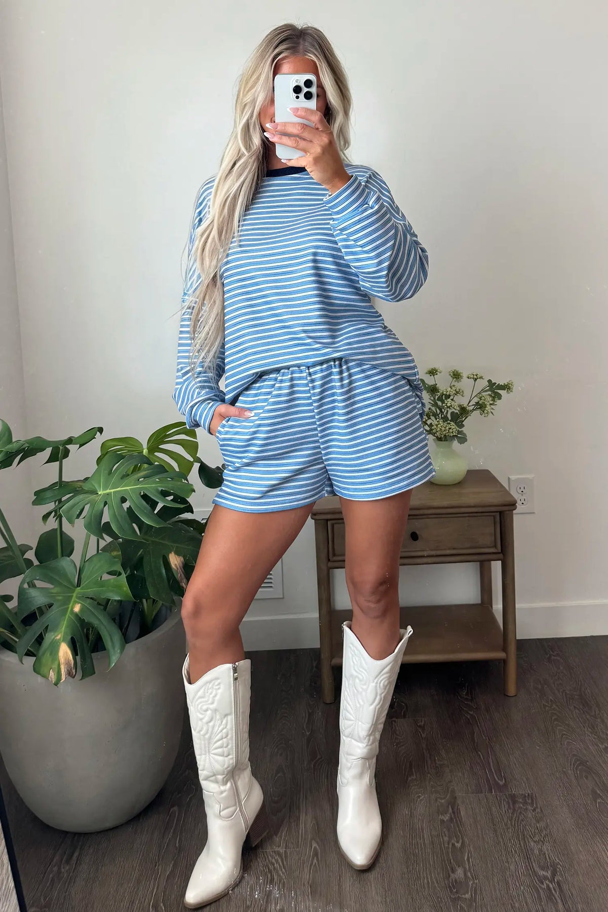 Long Sleeve Oversized Top Pocketed Casual Shorts Two Piece Set – Sky Blue Stripe