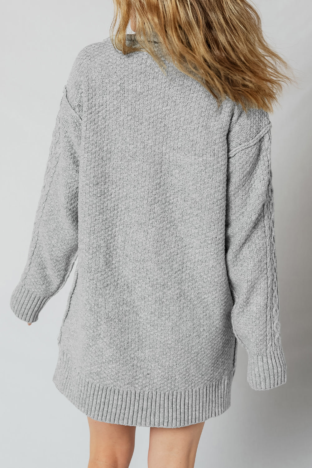 Cable Knit Quarter Zip Ribbed Trim Loose Sweater Dress eAura