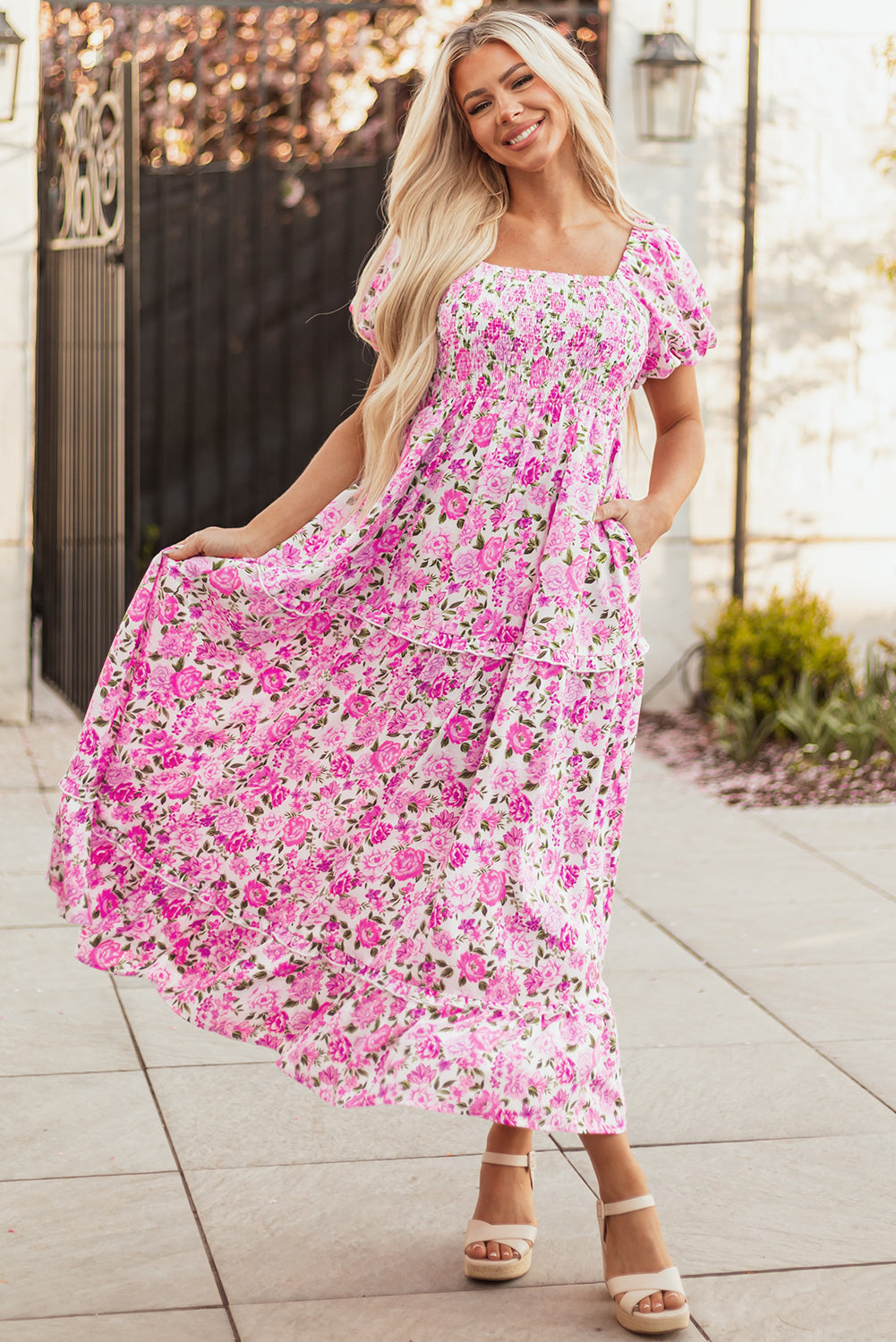 Pink Dainty Floral Smocked Puff Sleeve Flowy Long Dress eAura