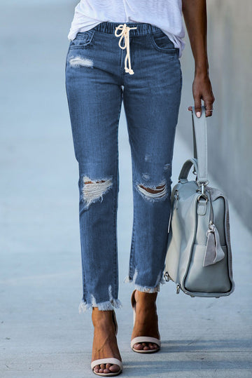 Dark Elastic Waist Straight Leg Destroyed Raw Hem Jeans – Blue