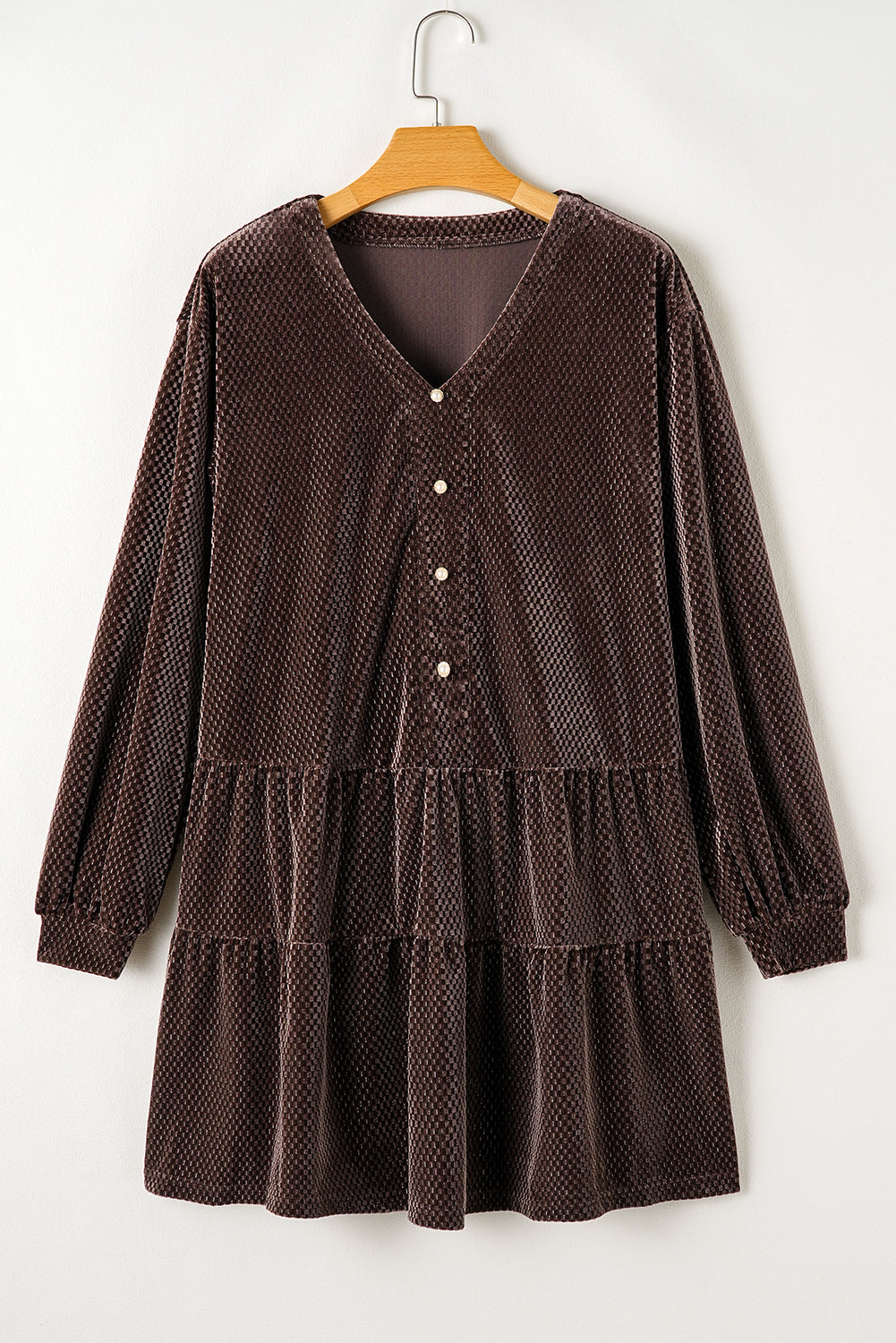 Dark Brown Textured Velvet V Neck Shift Dress eAura