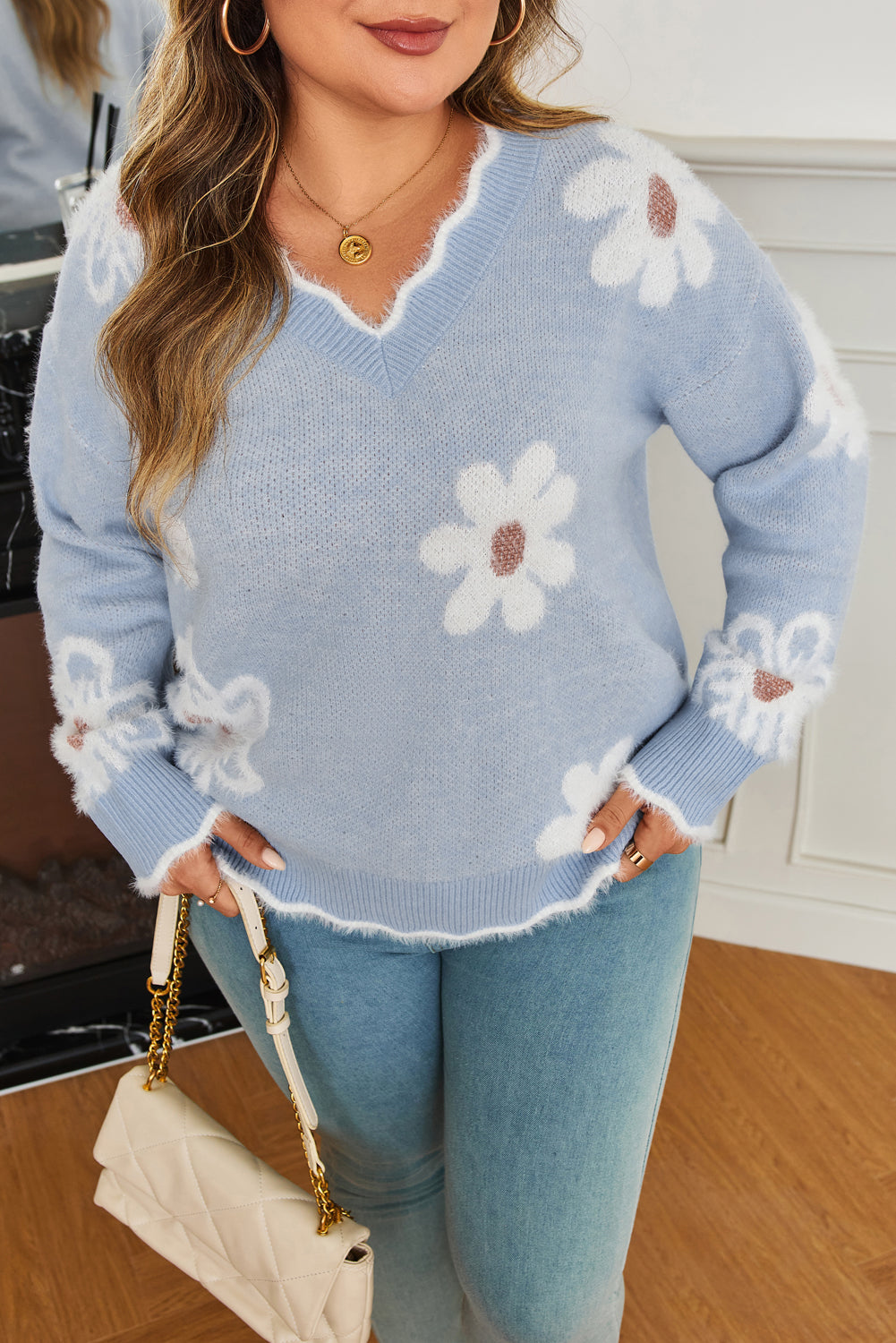 Fuzzy Floral Scalloped V-Neck Plus Size Sweater - Size/Plus Sweaters & Cardigans