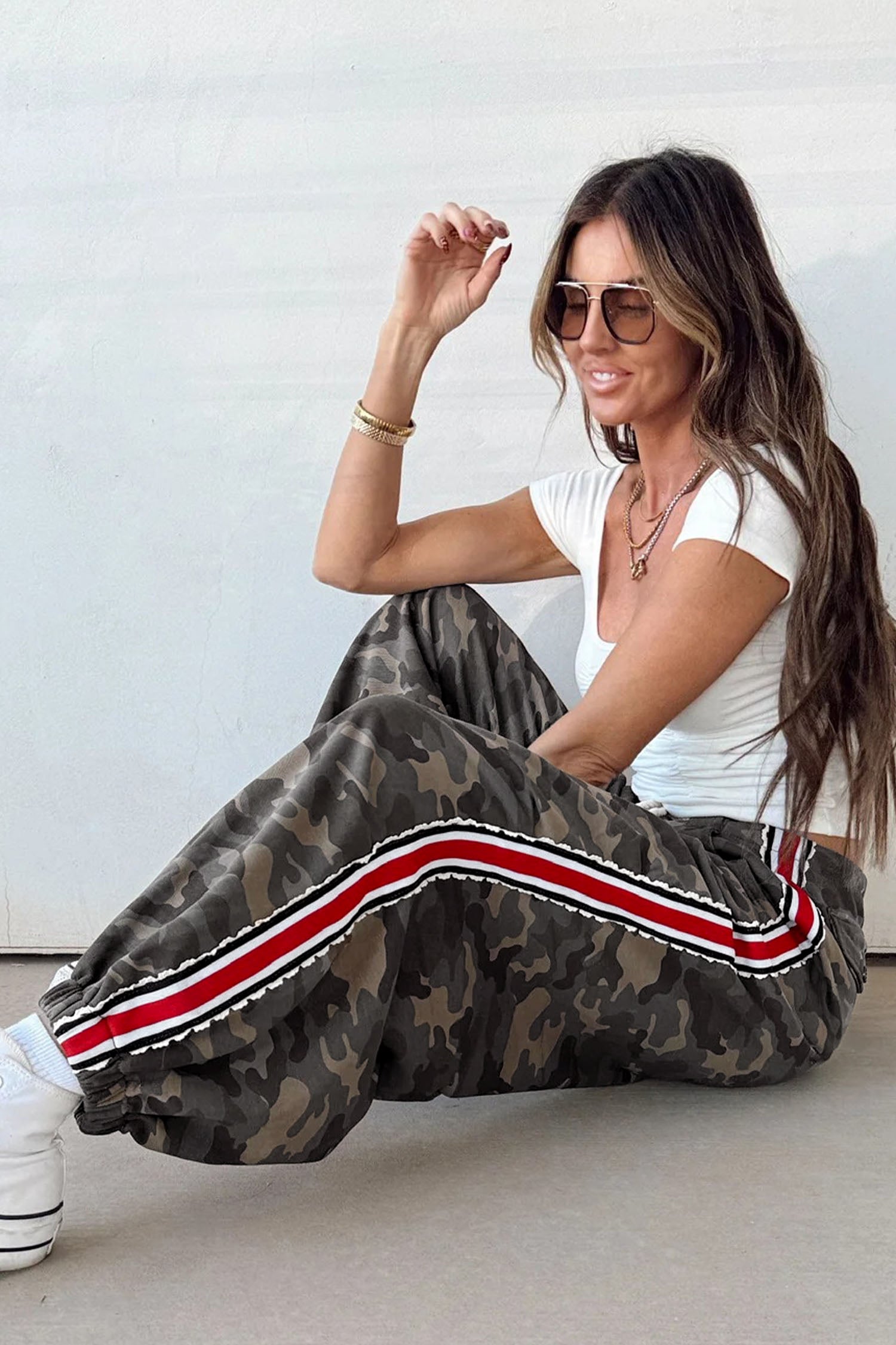 Camo Print Striped Side Panel Drawstring Joggers