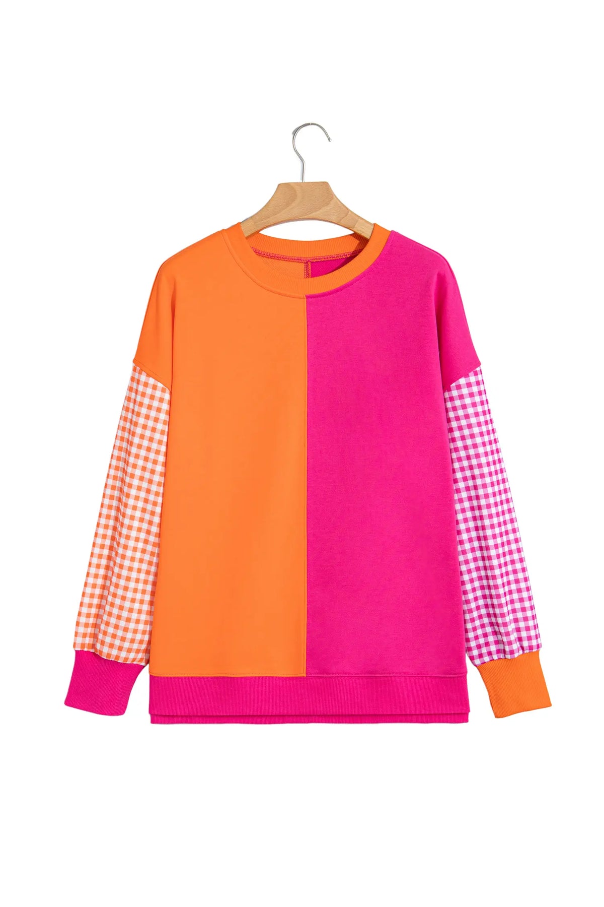 Colourblock Gingham Sleeve Crewneck Sweatshirt – Rose Red