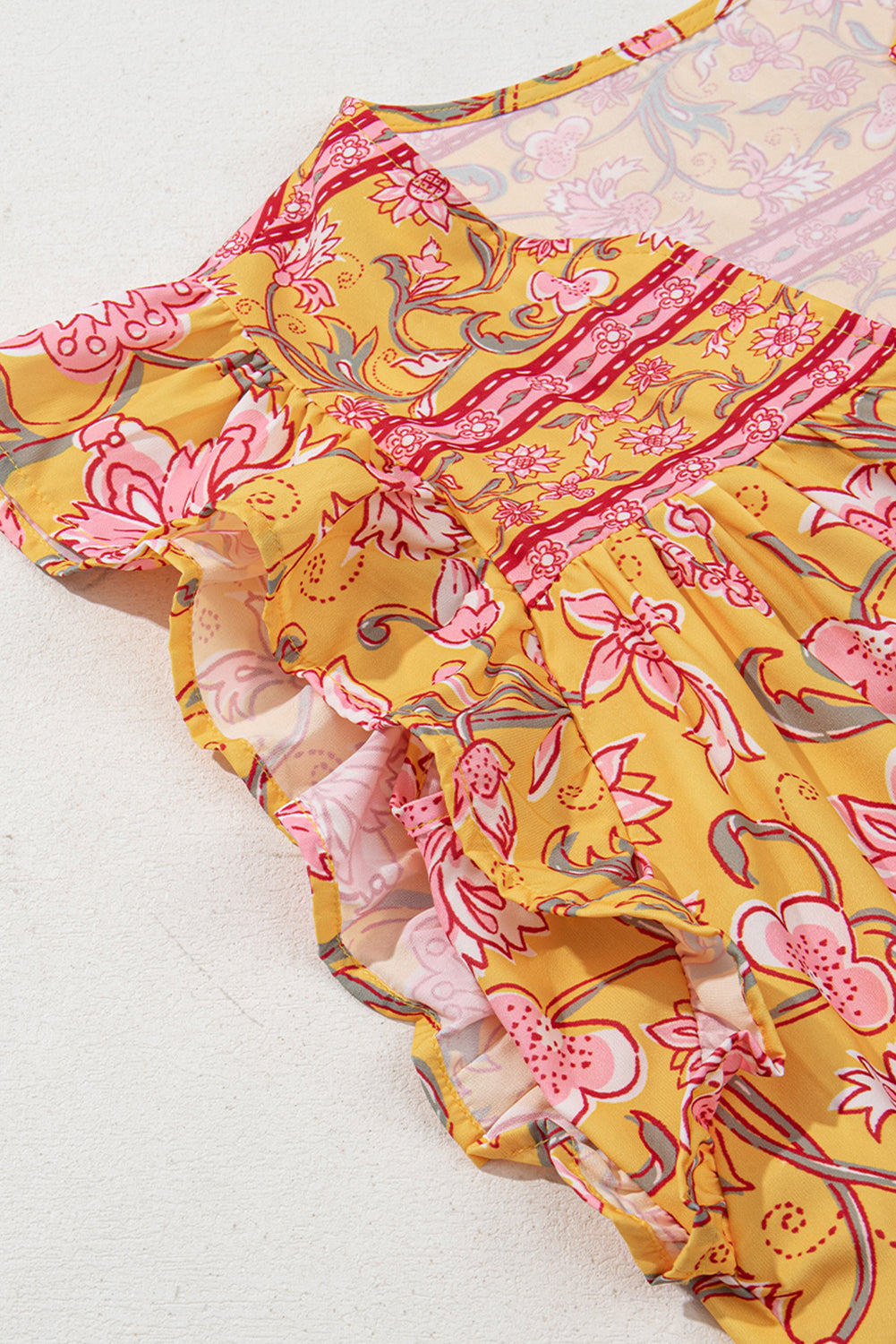Yellow Floral Notched Neck Ruffled Sleeve Casual Blouse eAura