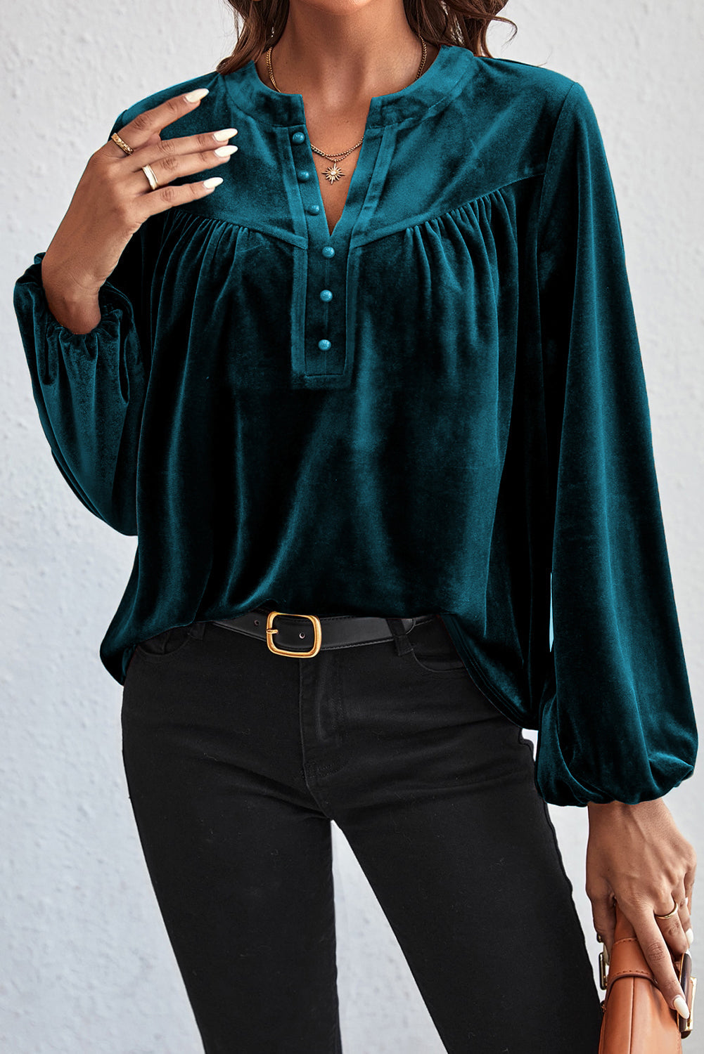 Skobeloff Lantern Sleeve Beaded Split V Neck Velvet Top eAura