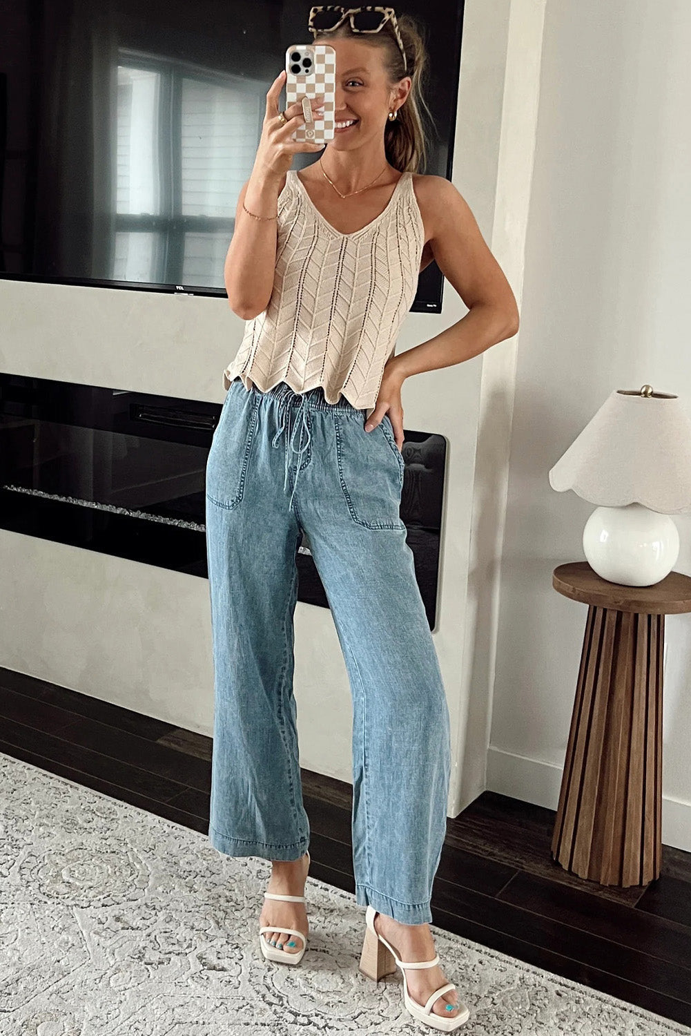 Myosotis Mineral Wash Drawstring Waist Loose Straight Denim Trousers Beagle Boutique Fashion Outlet