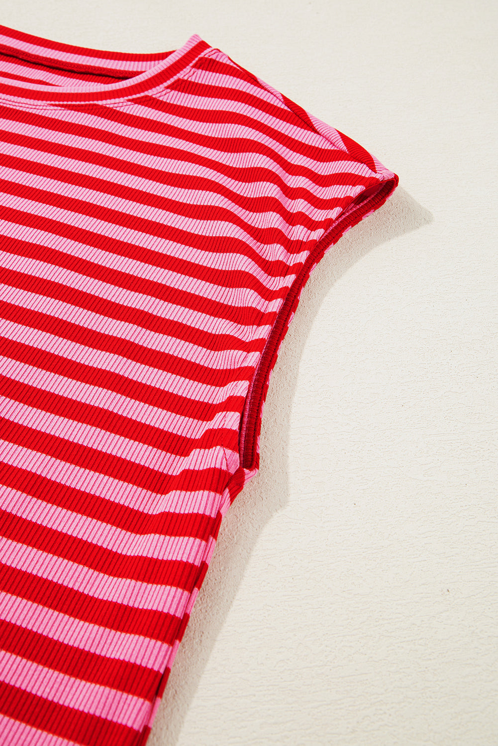 Red Stripe Ribbed Cap Sleeve Round Neck T Shirt - eAura
