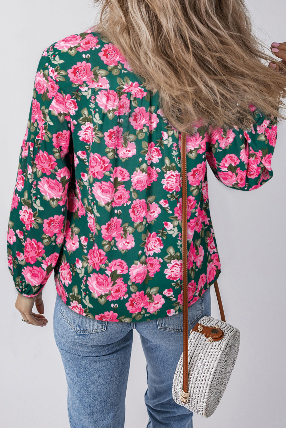 Green Floral Printed Tied Collar Puff Sleeve Blouse eAura