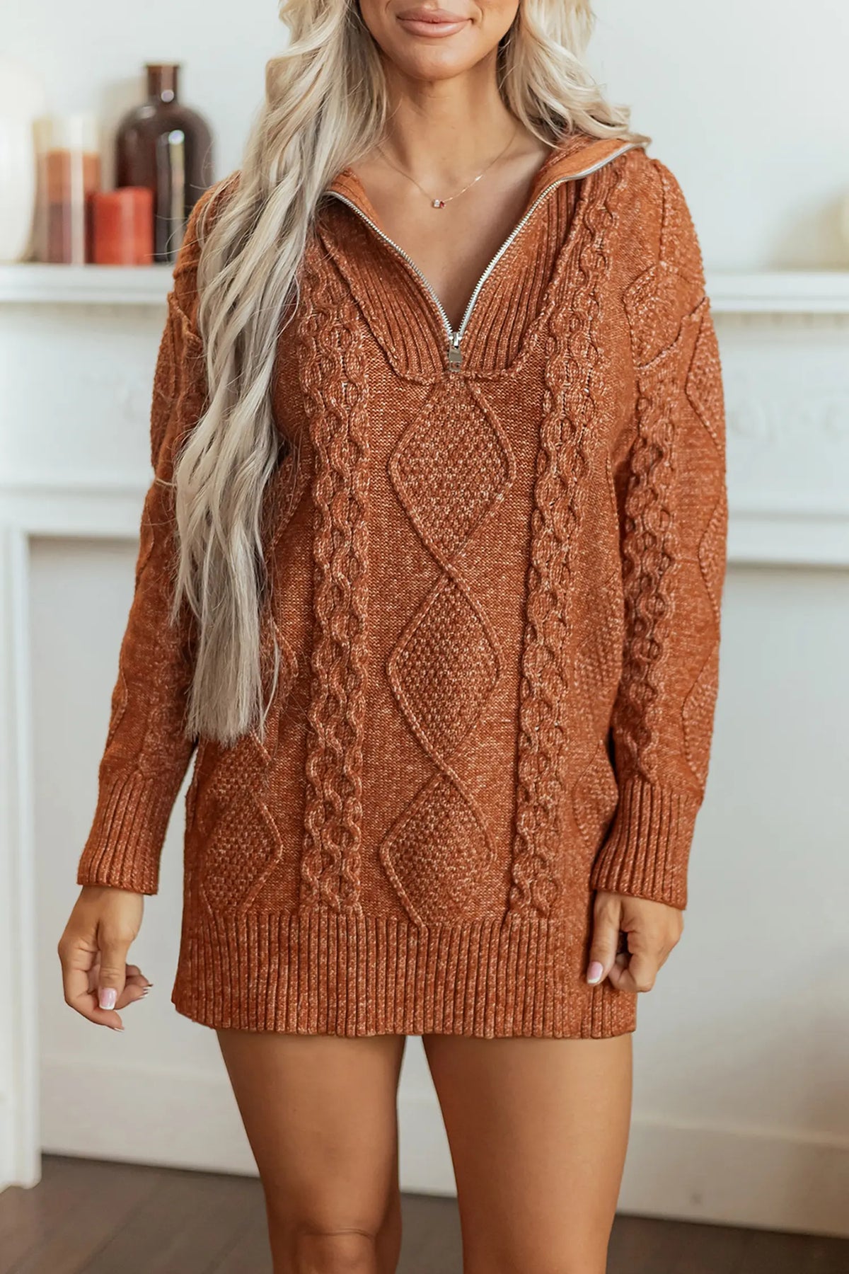 Zip-Up Cable Knit Drop Shoulder Sweater Dress – Clay