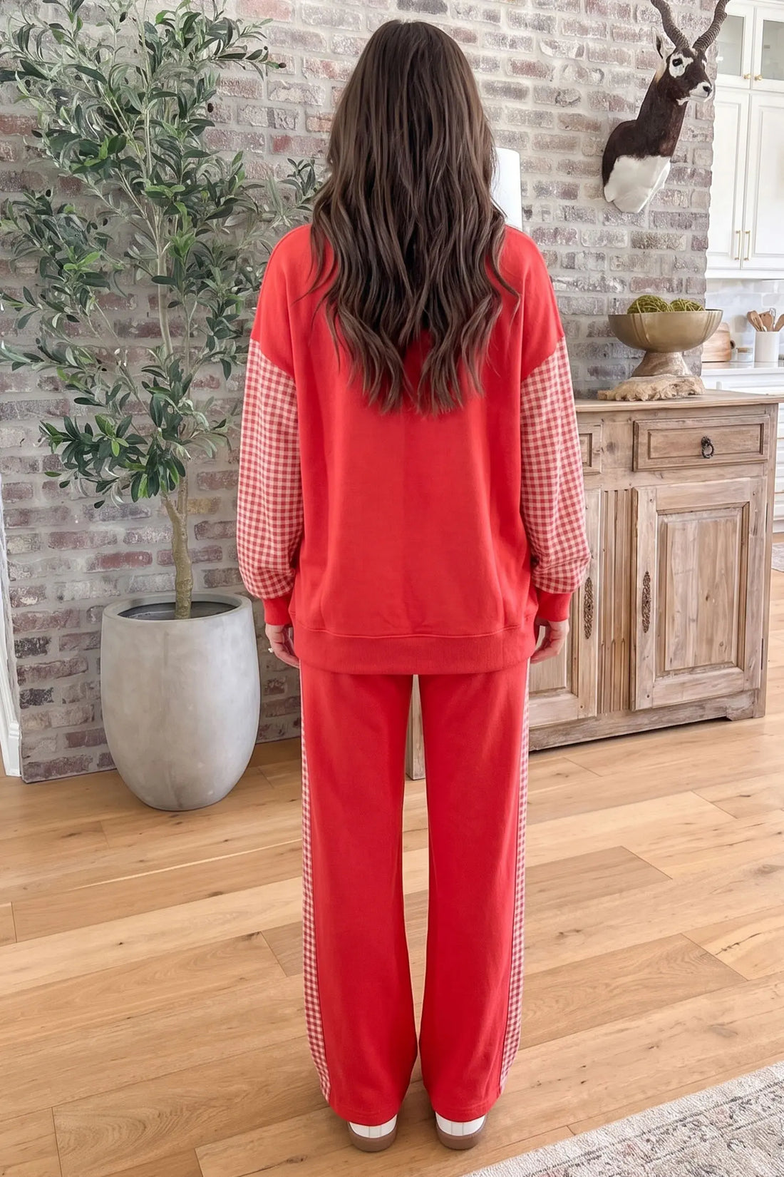 Co-ord set Plaid Contrast Long Sleeve Top and Wide-Leg Trousers