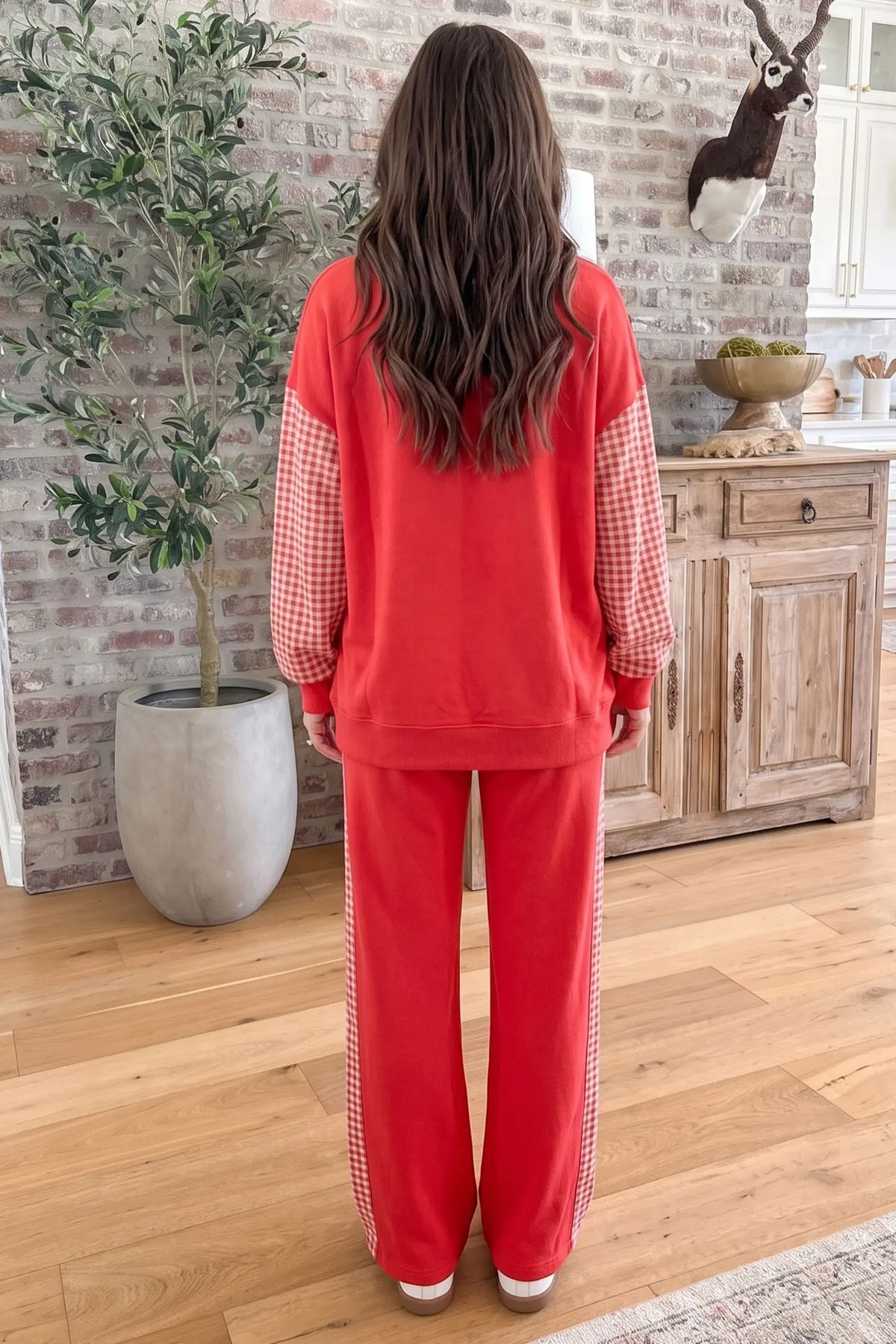 Co-ord set Plaid Contrast Long Sleeve Top and Wide-Leg Trousers