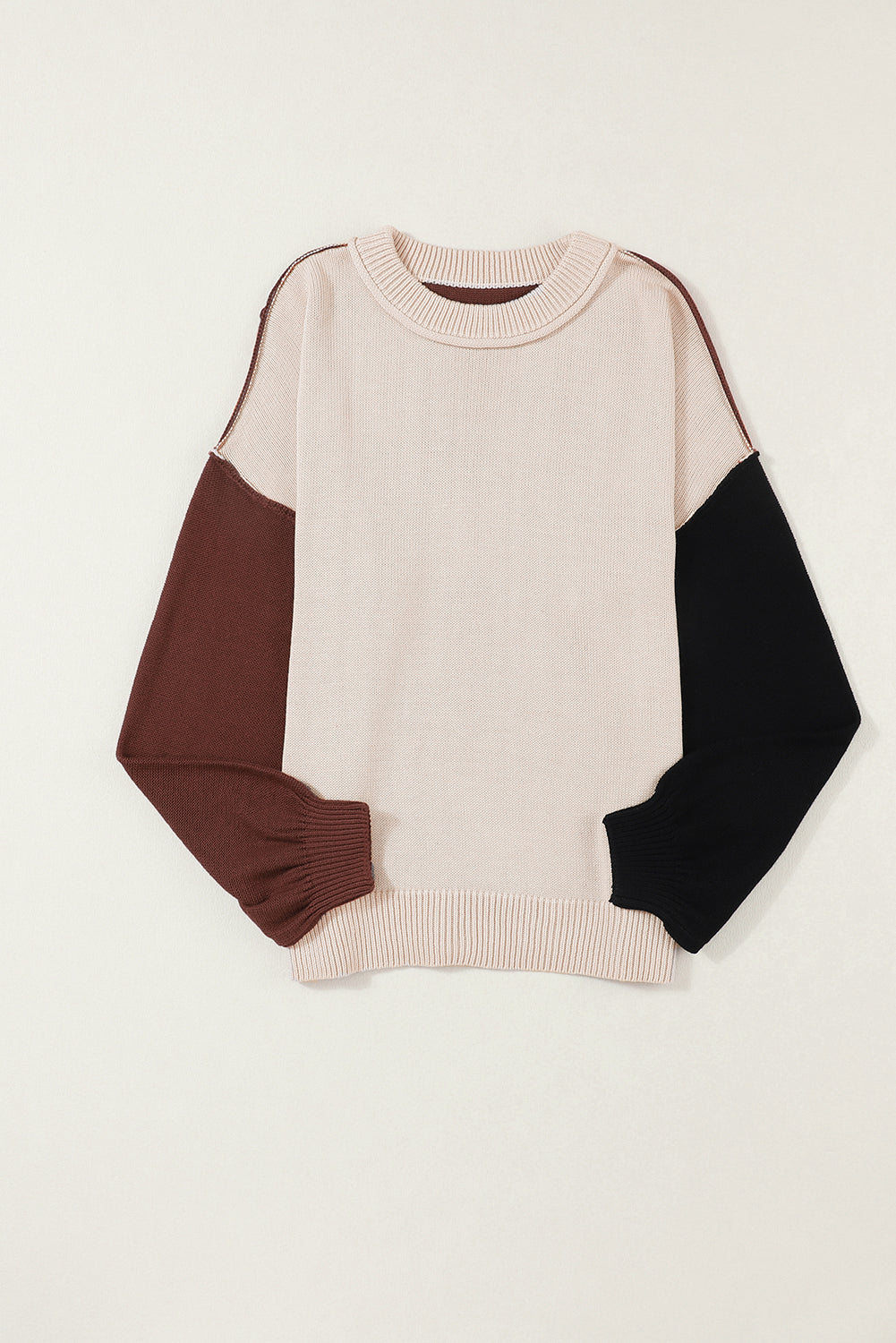 Pink Colourblock Bishop Sleeve Ribbed Trim Sweater eAura