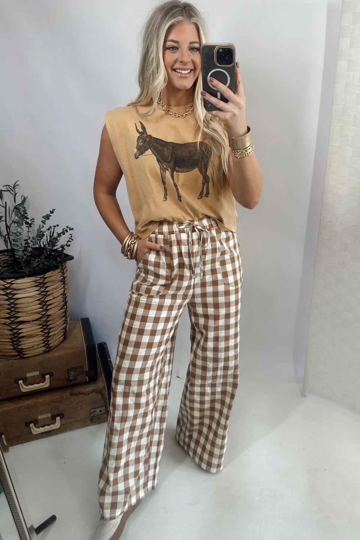 Gingham Plaid Tie Elastic Waist Shift Pants – Brown