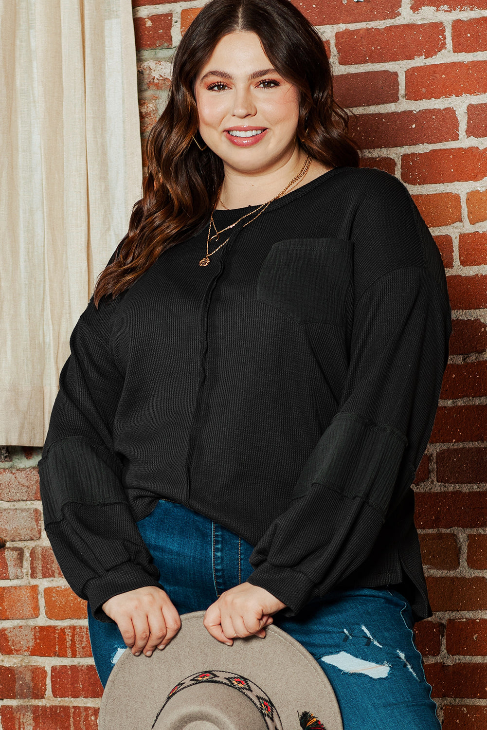 Black Plus Size Exposed Seam Crinkle Patchwork Top BB Fashion Outlet