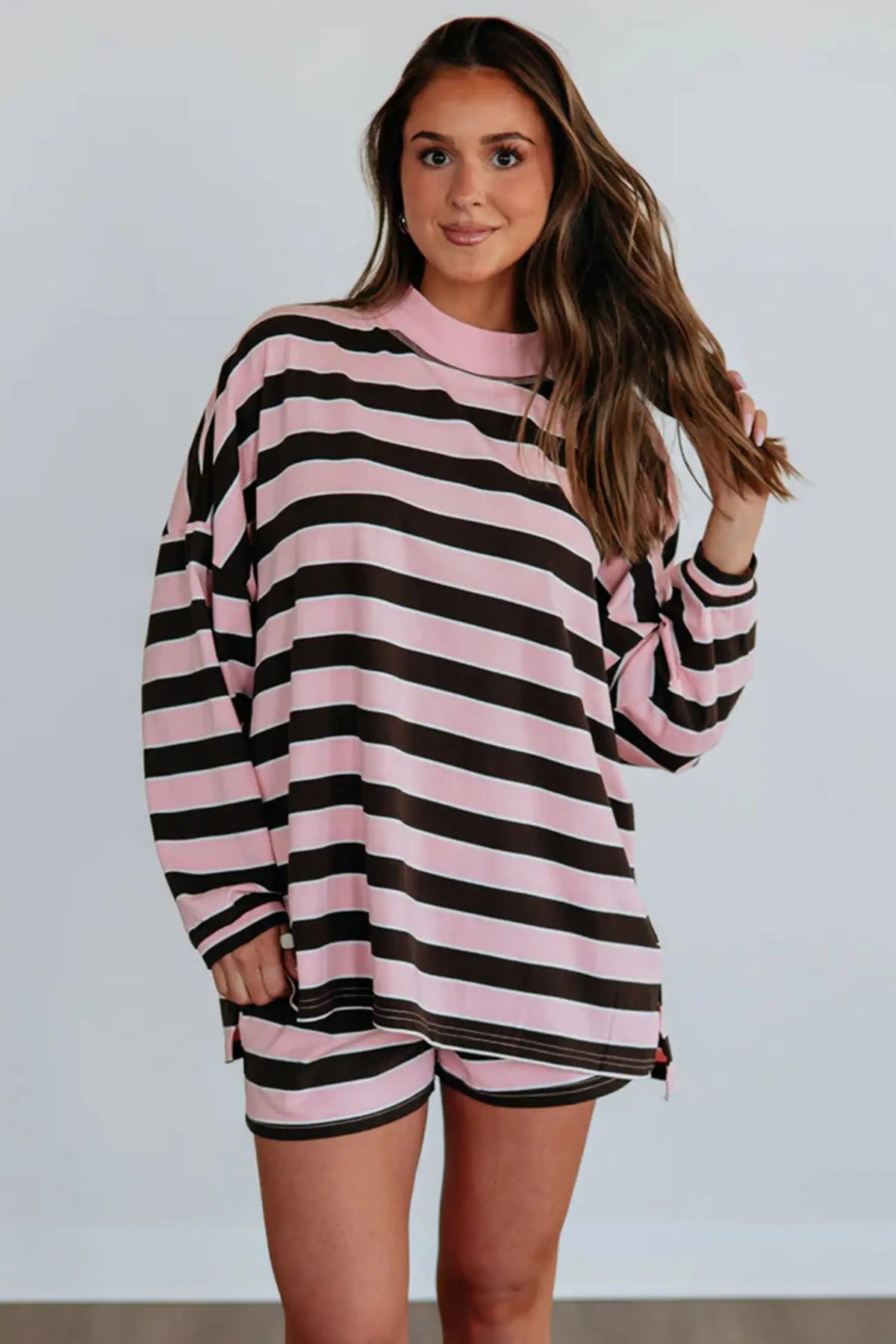 Pink Stripe Oversized Long Sleeve Top Elastic Waist Shorts Casual 2pcs Set