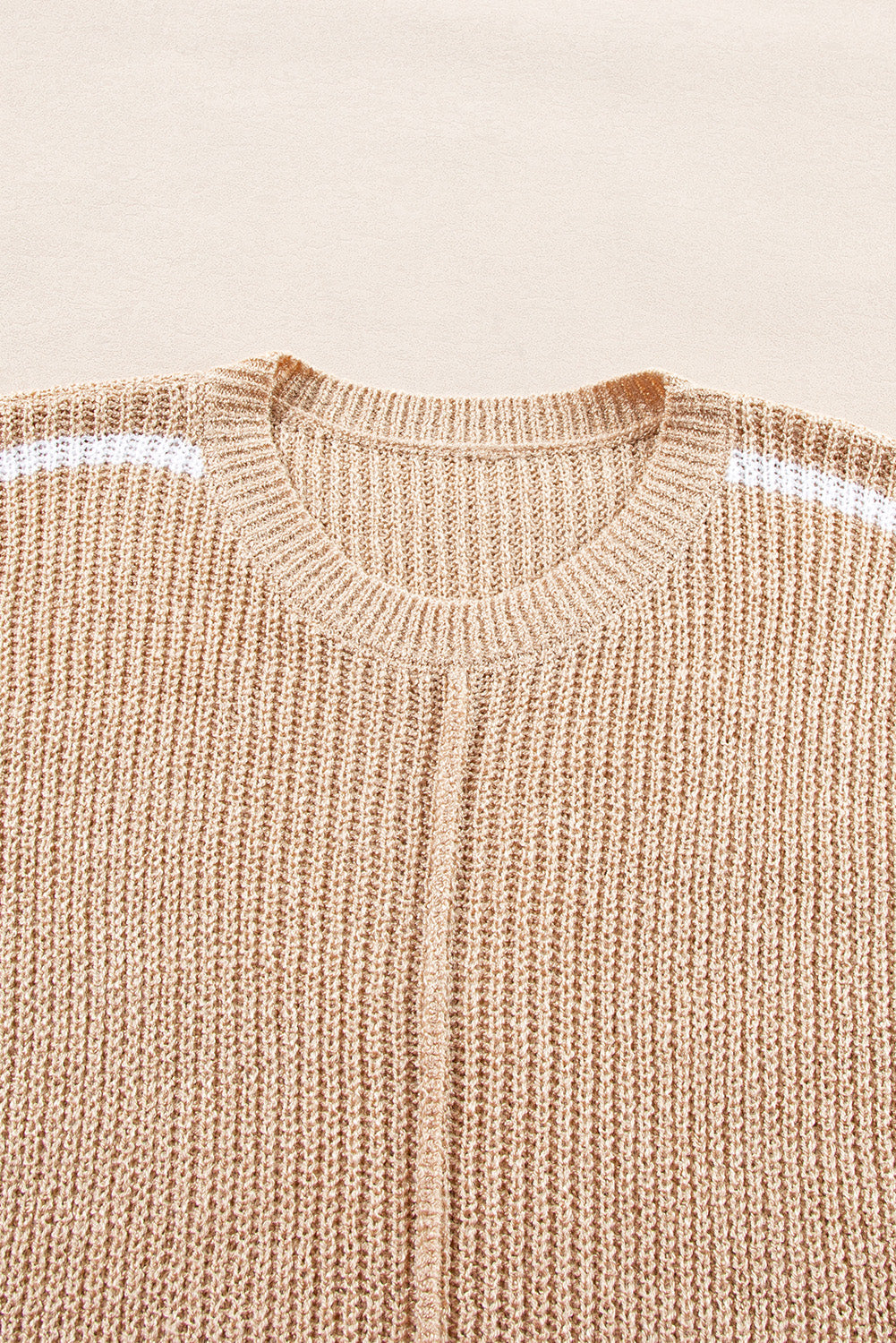 Light French Beige Contrast Striped 3/4 Sleeve Crew Neck Sweater eAura