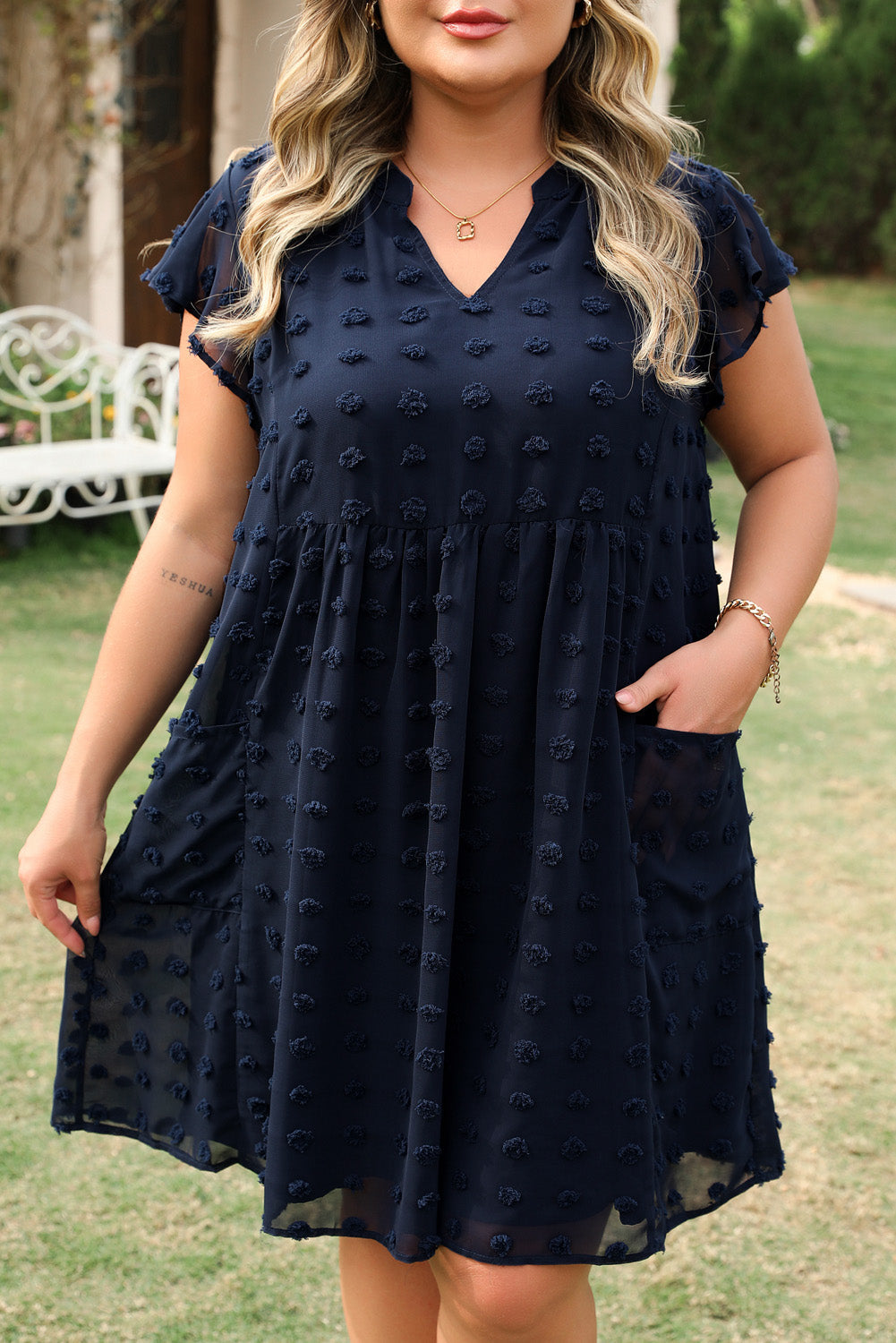 Navy Blue Dotty Textured Notched Neck Plus Ruffled Dress BB Fashion Outlet