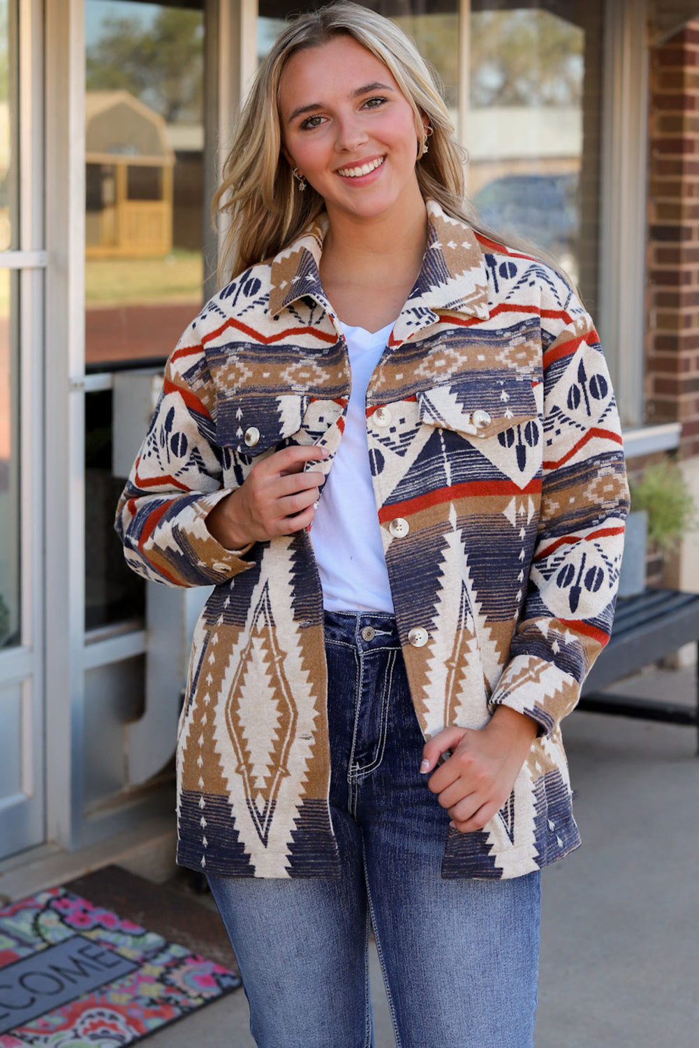 Multicolour Aztec Print Button-Up Oversized Jacket eAura