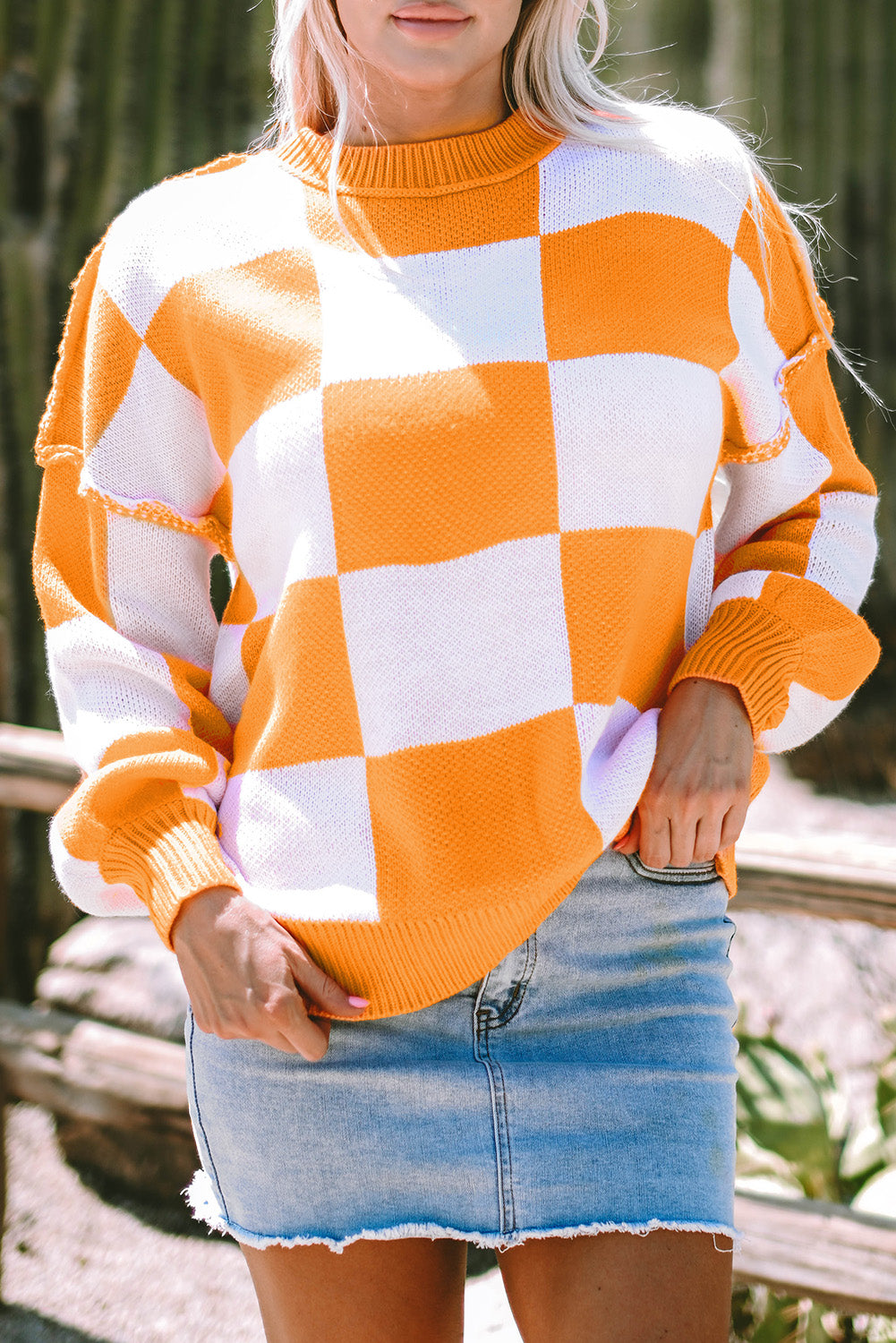 Orange Checkered Bishop Sleeve Sweater eAura