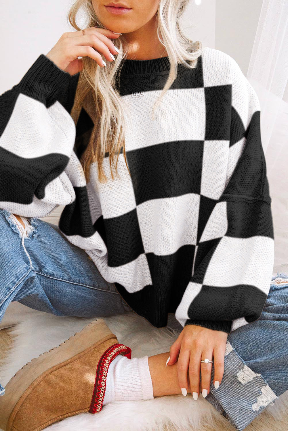 Checkered Bishop Sleeve Sweater – Rose, Pink, Green, Brown, Red & Black