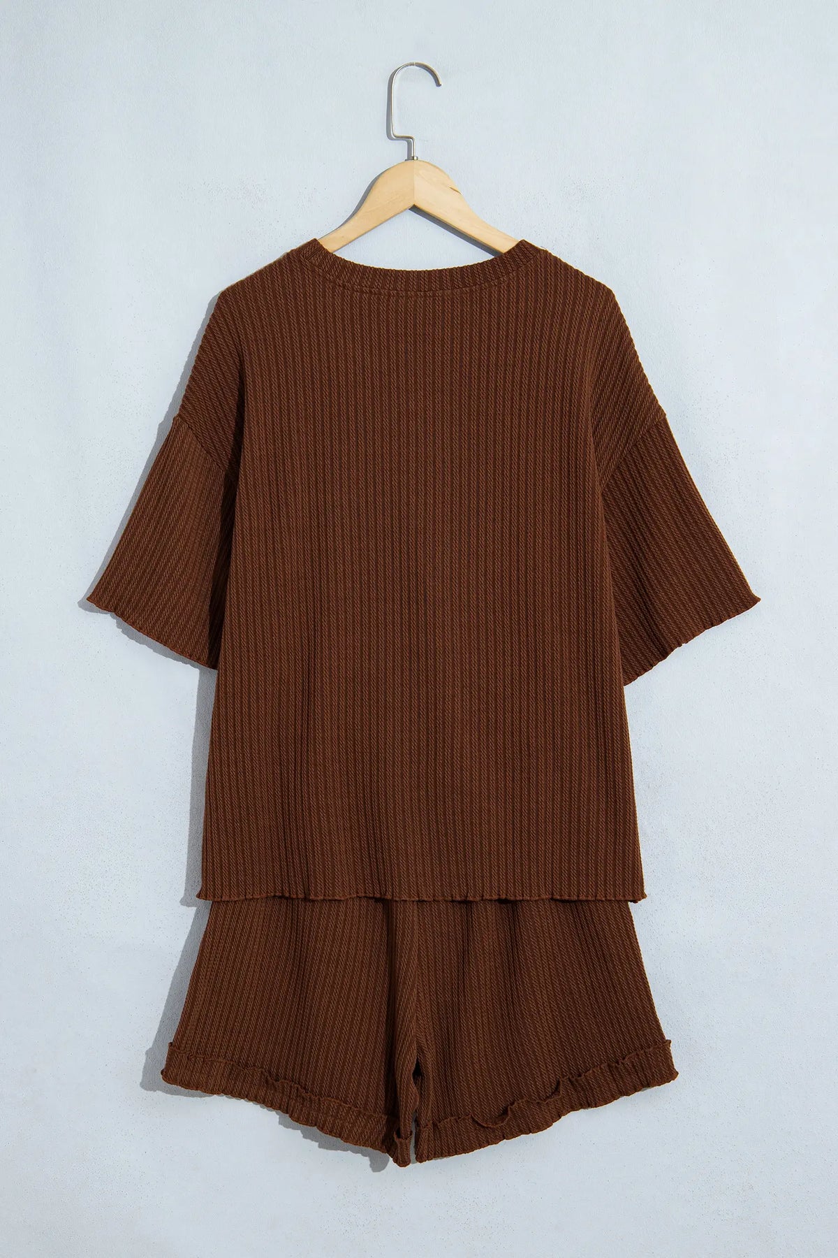 Textured Ribbed Knit Lettuce Trim 2pcs Lounge Set – Dark Brown