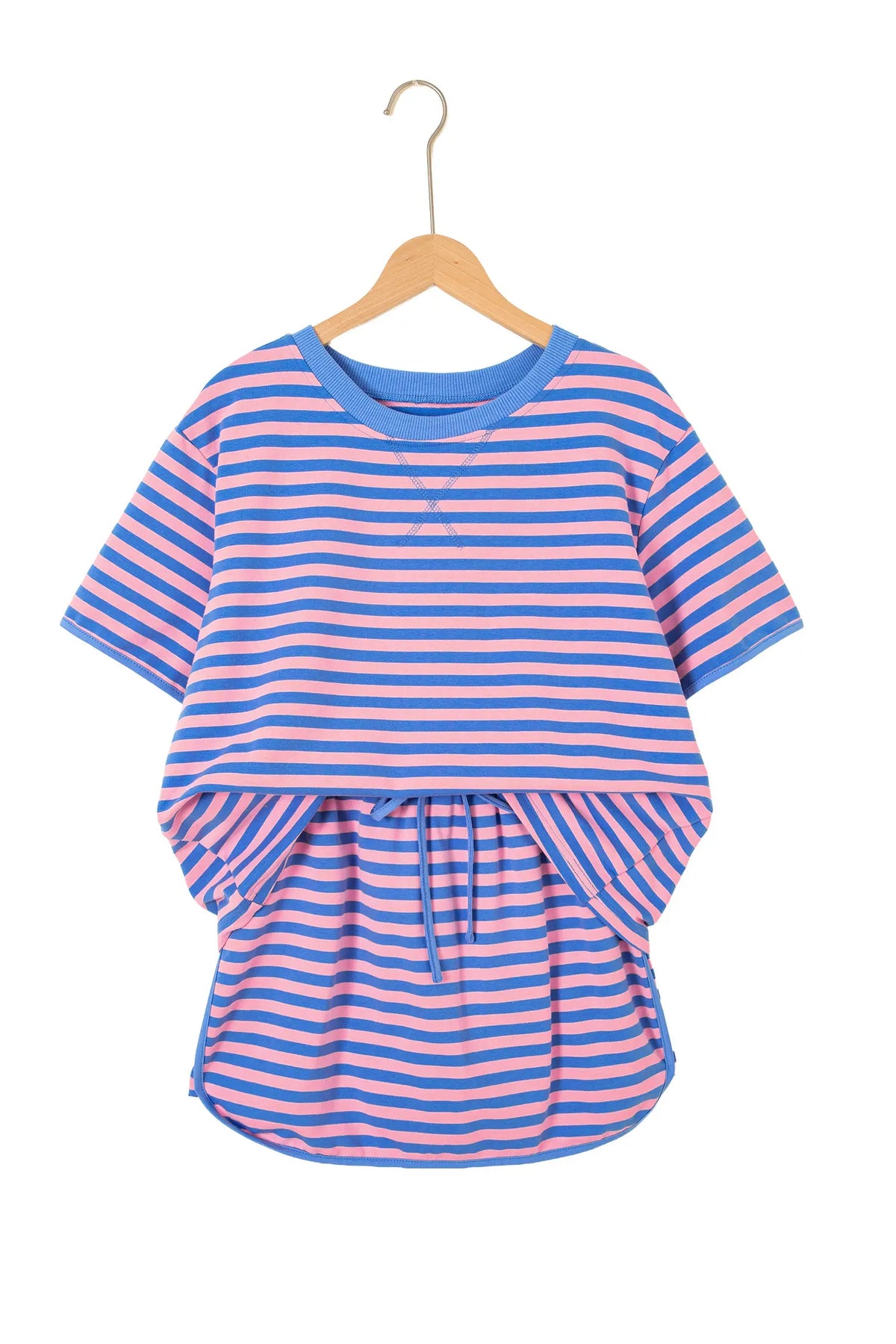 Relaxed Short Sleeve Top Elastic Waist Drawstring Skort 2pcs Set – Pink Stripe