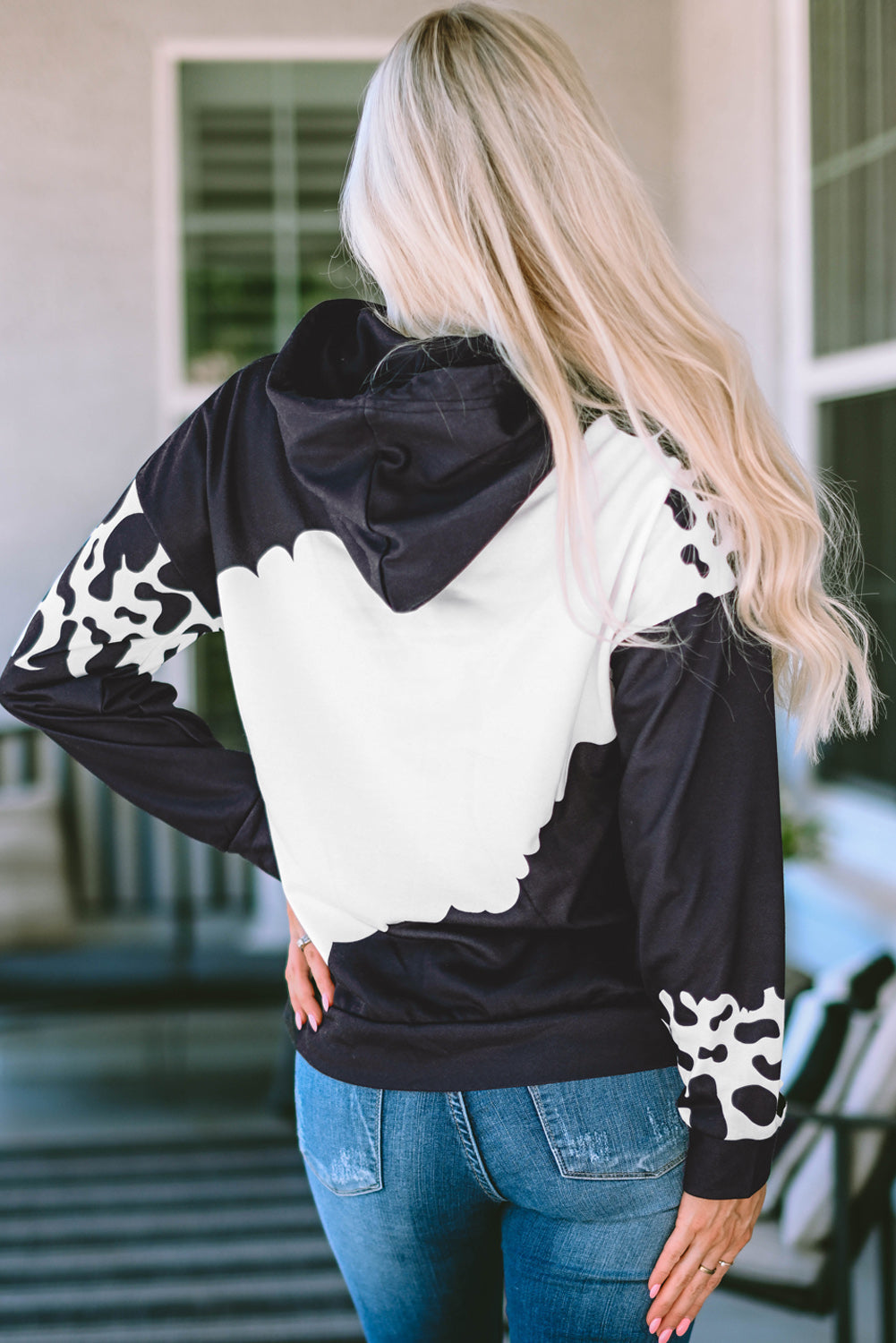 Black Cow Tie Dye Print Pocketed Drawstring Pullover Hoodie eAura