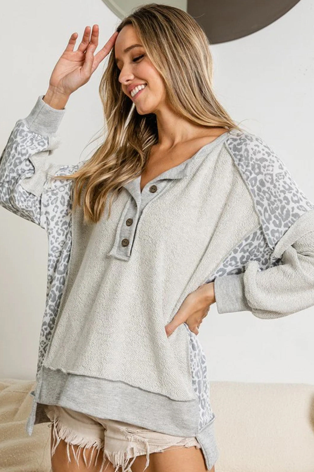 Grey Leopard Patchwork Exposed Seam Buttoned Neck Sweatshirt eAura