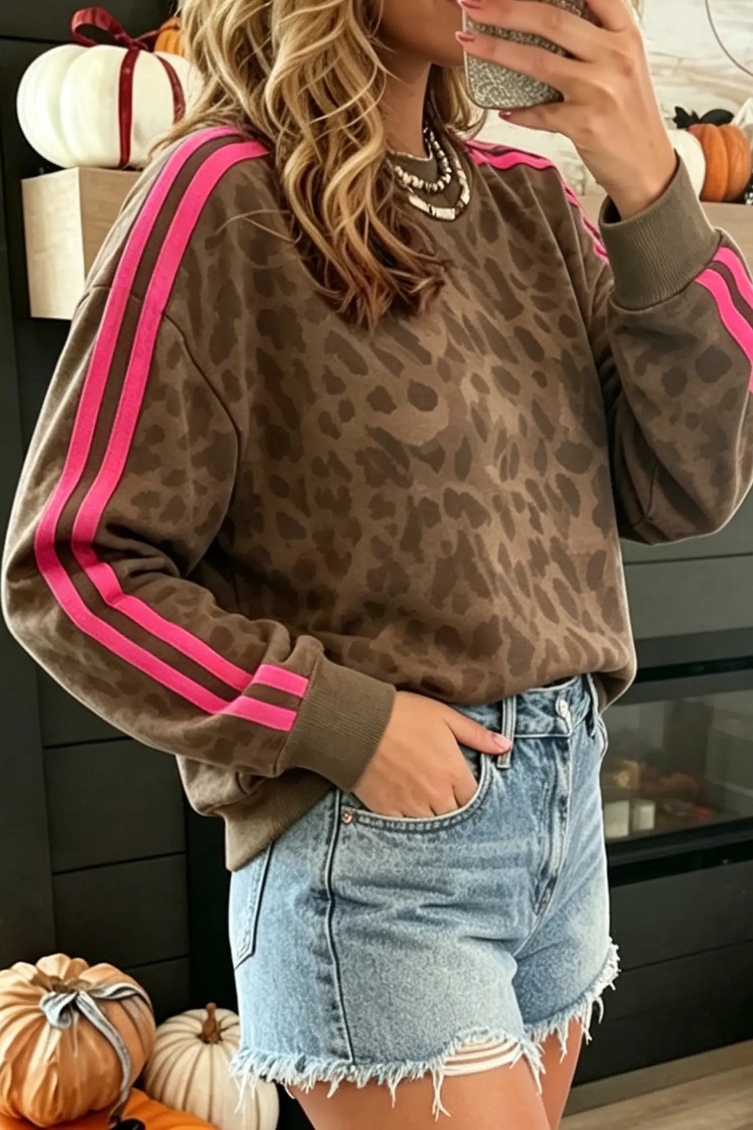 Leopard Print Striped Detail Relaxed Pullover Sweatshirt – Brown