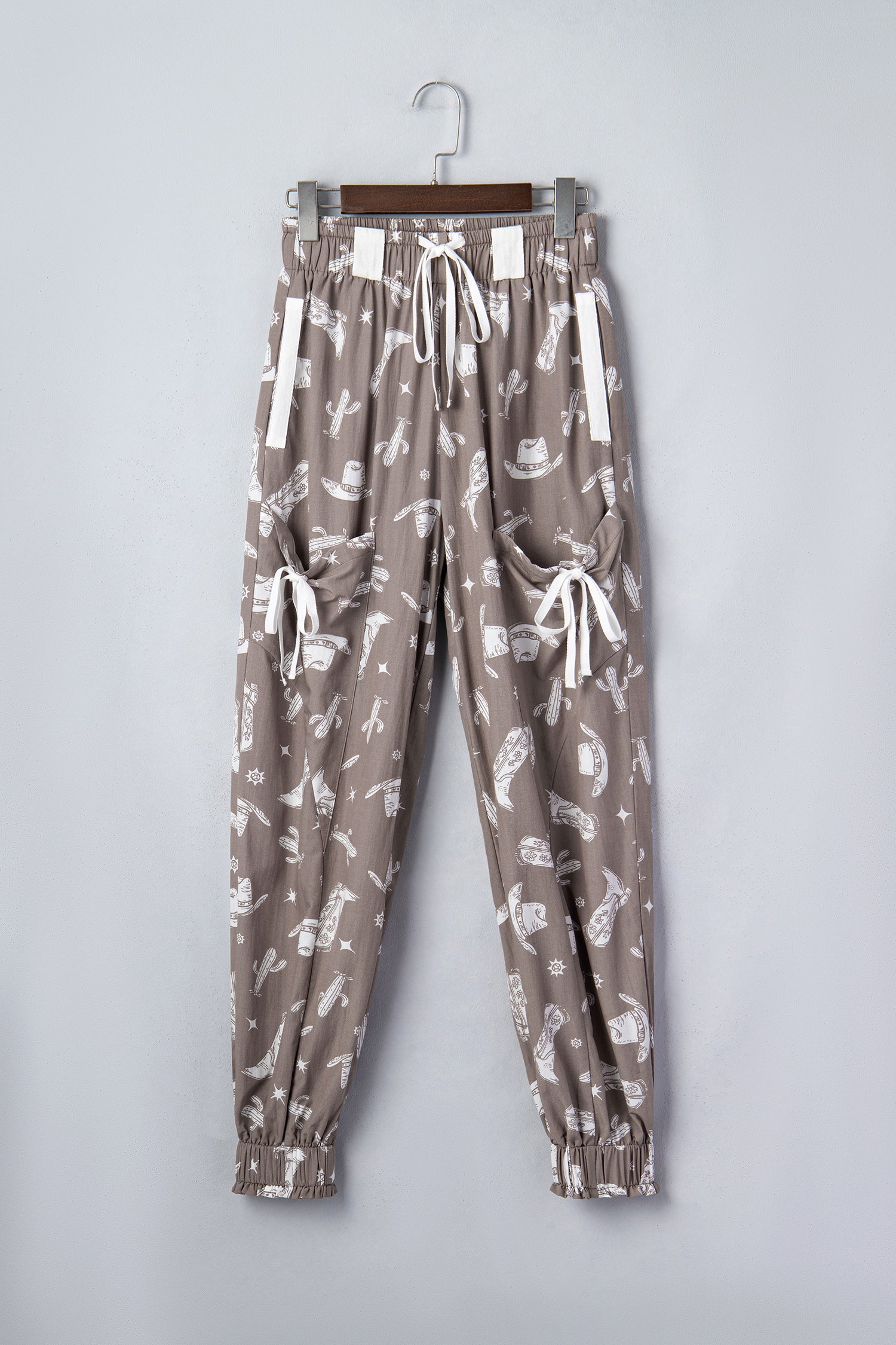 Khaki Western Print Drawstring Jogger Pants