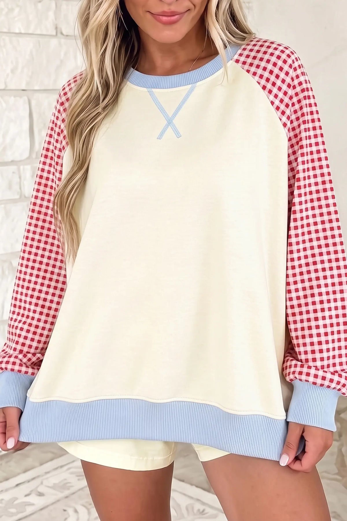 Plaid Sleeve Colourblock Raglan Pullover Sweatshirt – Beige
