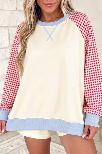 Plaid Sleeve Colourblock Raglan Pullover Sweatshirt – Beige