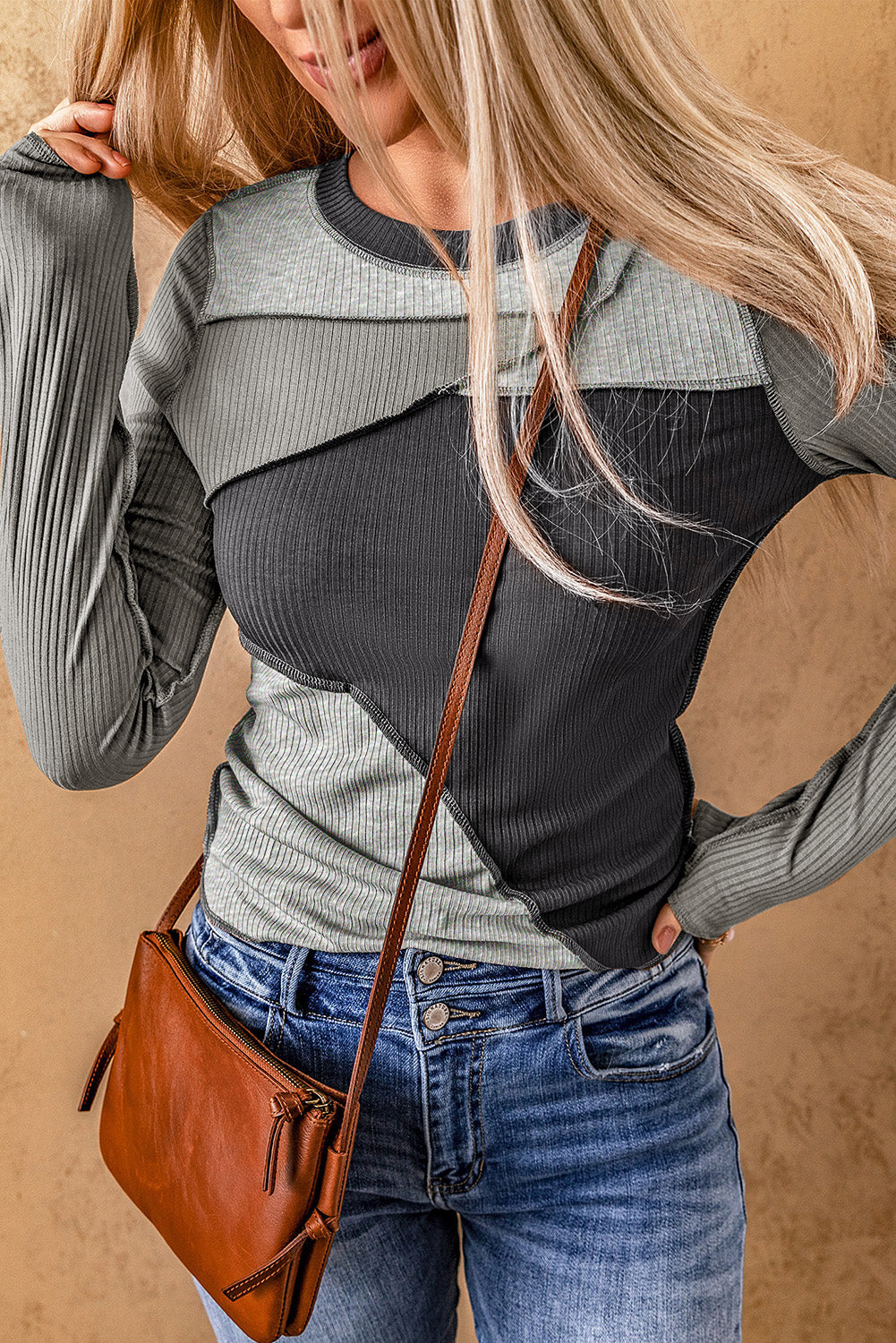 Exposed Seam Colour Block Rib Knit Top eAura