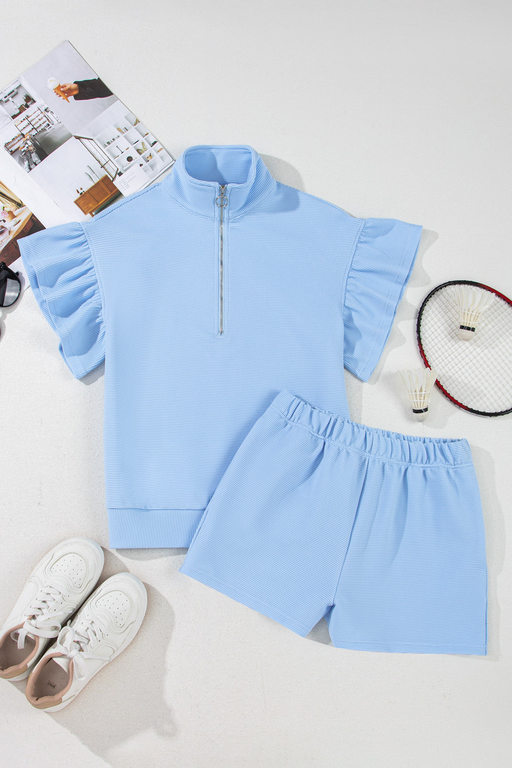 Blue Rib Texture Half Zip Ruffled Short Sleeve Top and Shorts Co-ord Set eAura