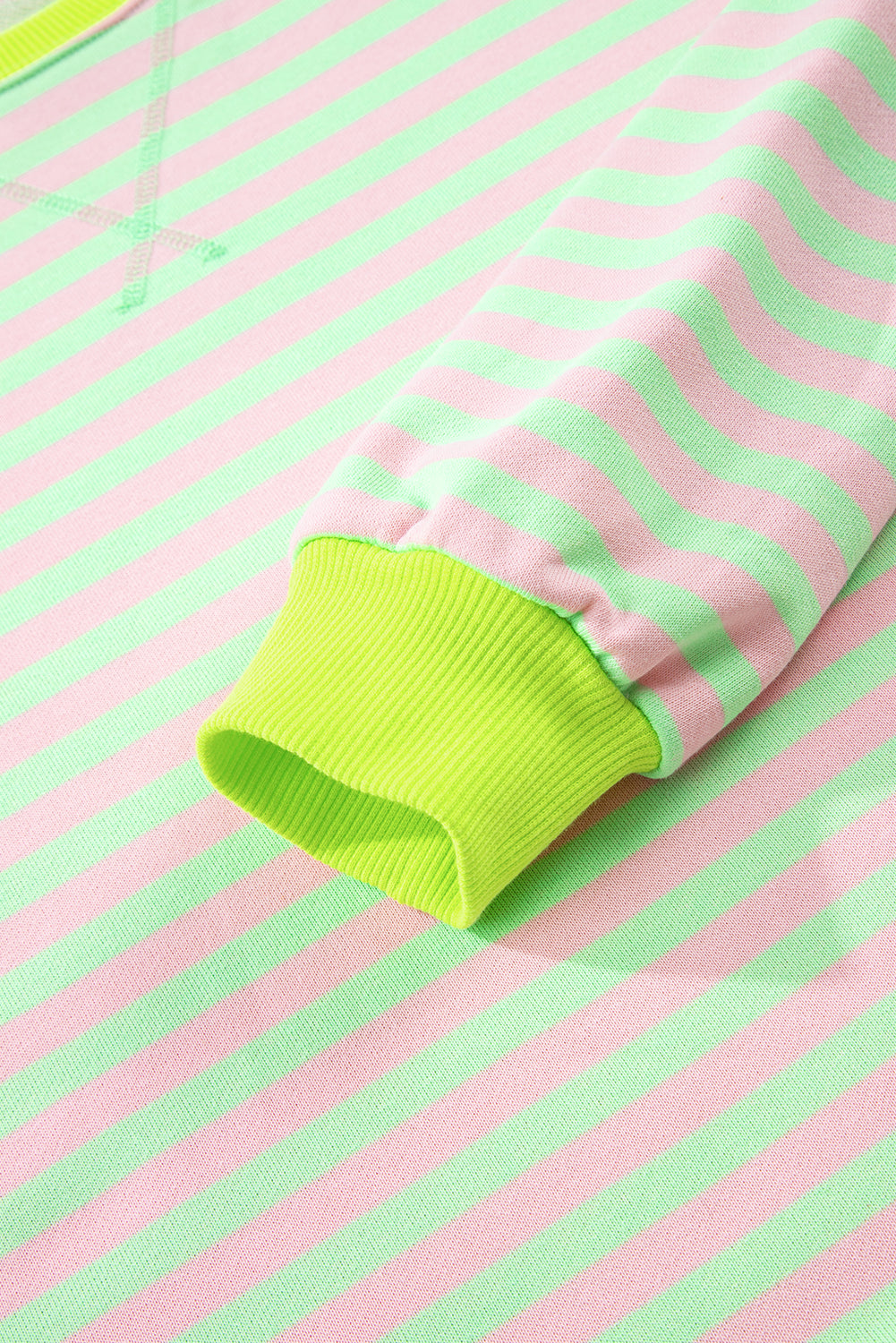 Striped Contrast Ribbed Trim Crossed Stitch Drop Shoulder Sweatshirt - eAura