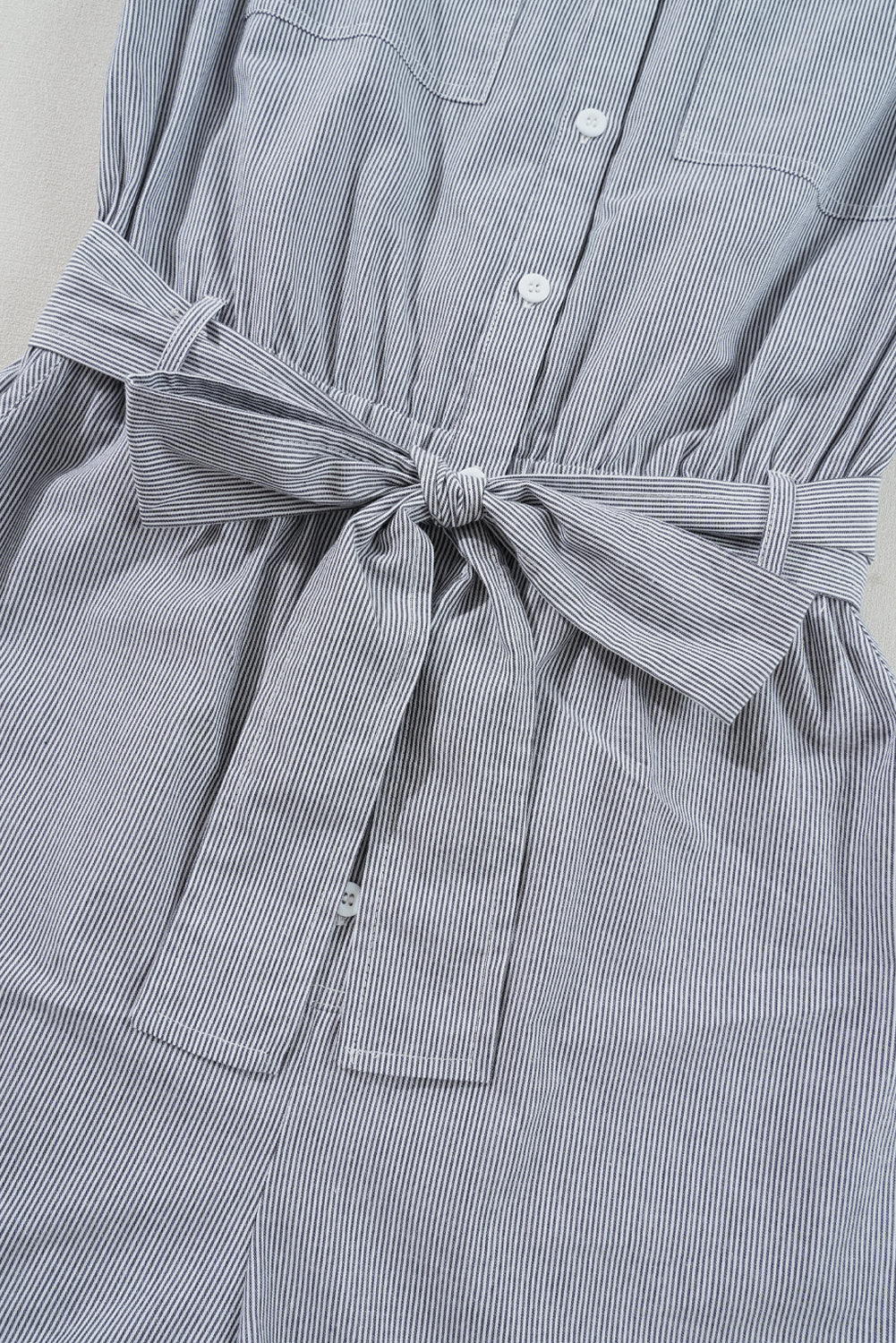 Blue Stripe Chest Pockets Buttoned Belted High Waist Romper eAura