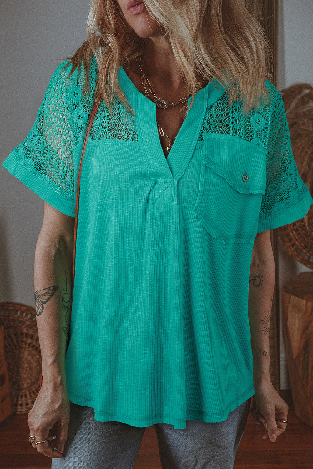 Sea Green Lace Patchwork Split Neck Textured Short Sleeve Blouse eAura